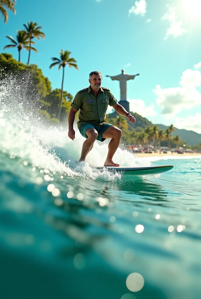 wide shoot behind of a kinda muscular favela, brazilian dude sitting of an surfing board at the ocean, looking to the left, he has a V low fade.and a small brazilian mustache