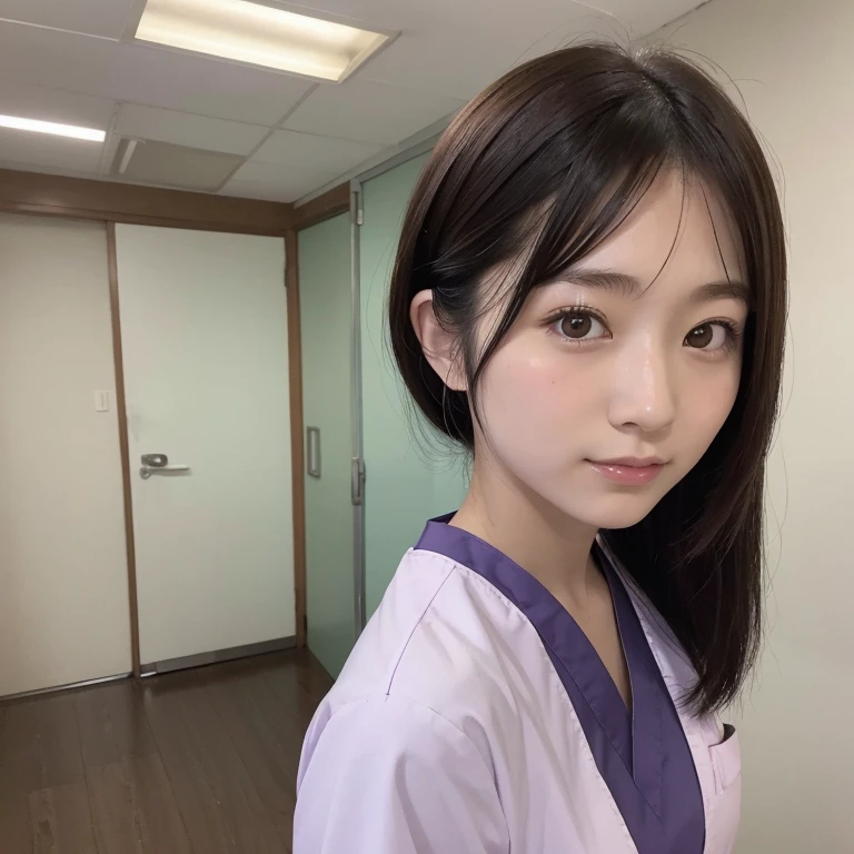 1girl, 20 years old japanese girl, realistic, Looking at viewer, Simple background,  scrub Nurse costume,