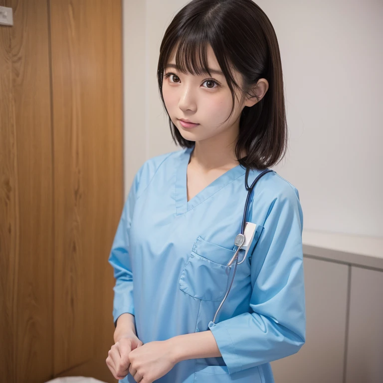 1girl, 20 years old japanese girl, realistic, Looking at viewer, Simple background,  scrub Nurse costume,