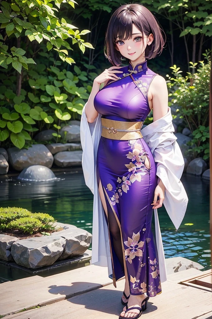 Make a beautiful young woman, tall, with short green hair, cat ears, purple eyes, a pretty, perfect face, with a beautiful smile, a beautiful look, a beautiful body, a perfect body, with dark skin, a dark complexion, a slender body, large bust, wide thighs, with a kimono, perfect kino, the kino is detailed with lus, the kimono highlights her figure, the kimono is tailored to her body, anime style, high quality, clear image