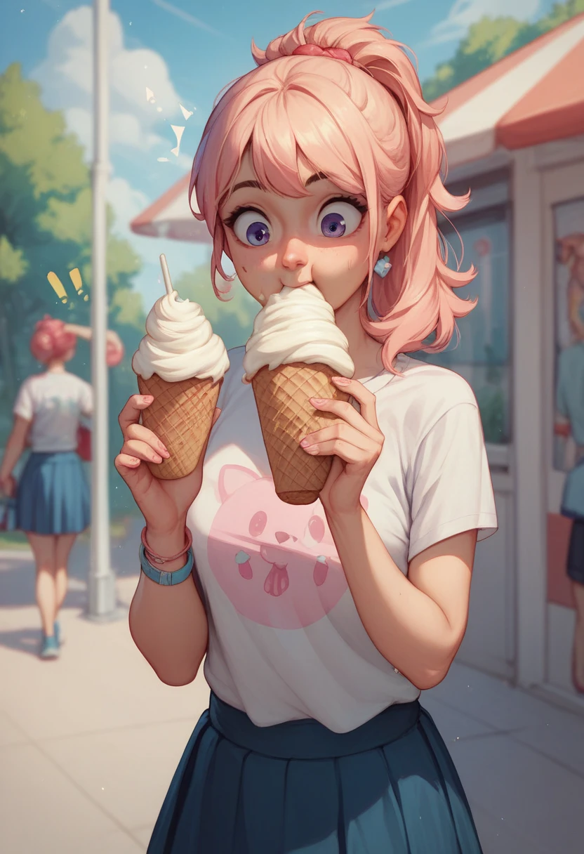 VividAnime, 1girl, solo, lips, frohawk hair, licking, ice cream, tongue out, tongue, happy, outdoors,<lora:VividAnimeV1.6:1>