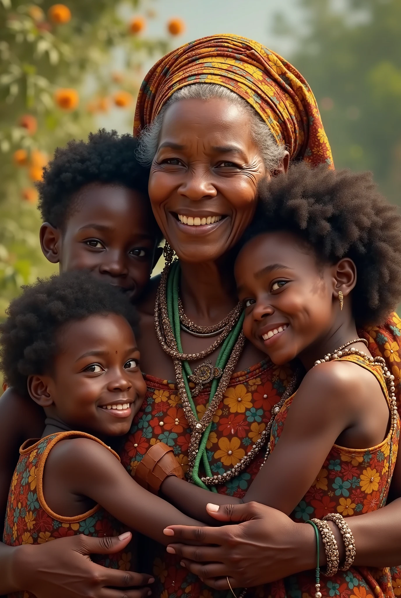 A young beautiful African woman sitting in front of a village hut with her three children