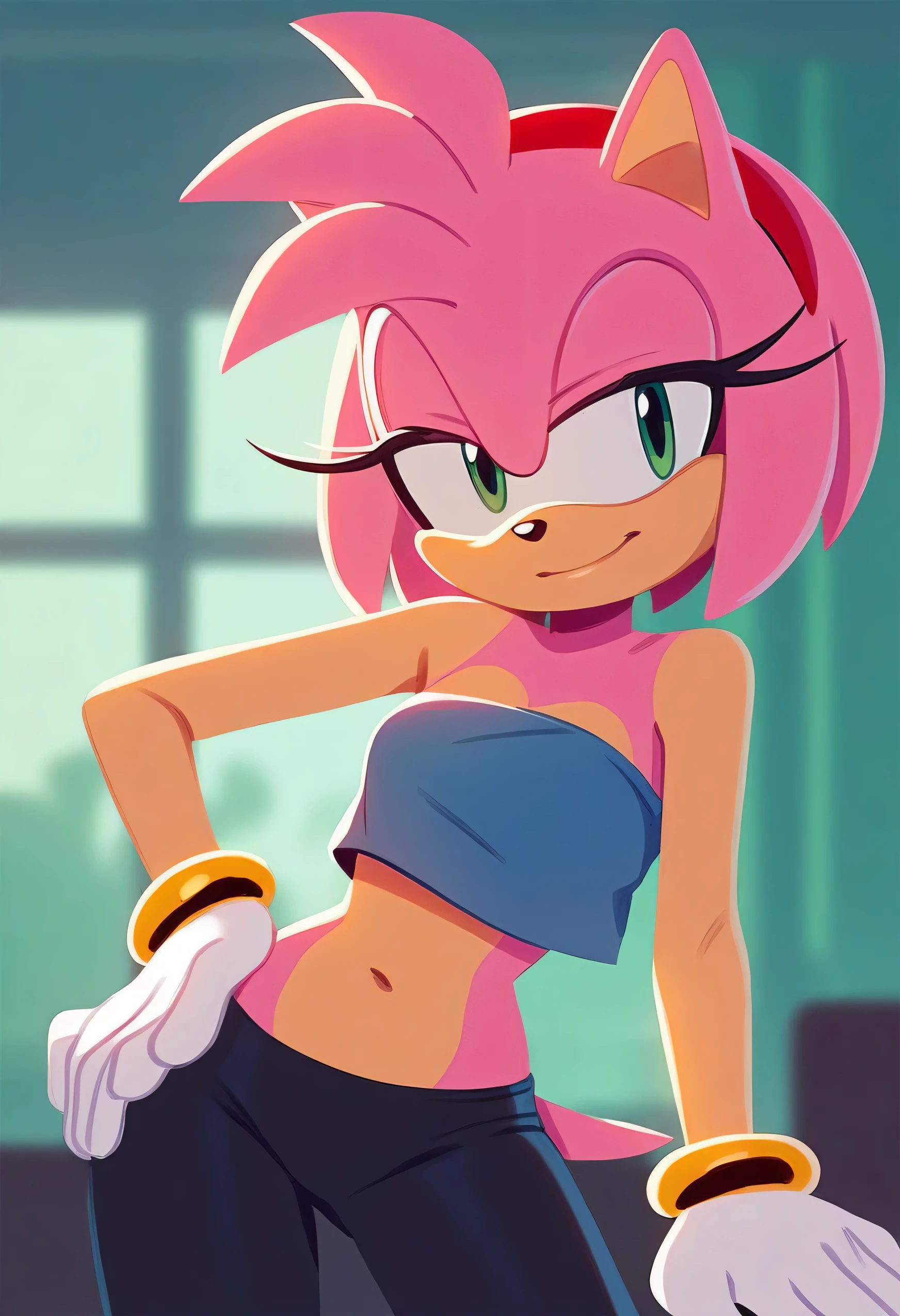 ((sonic (series))), 1girl, solo, sonic (channel style), flat color, amy rose, pink fur, red headband, small breasts, green eyes, looking at viewers, bare shoulders, a blue ruffle off the shoulder shirt, navel, black leggings, indoors, dance class, half-closed eyes, white gloves, one hand on hip, cowboy shot, smile