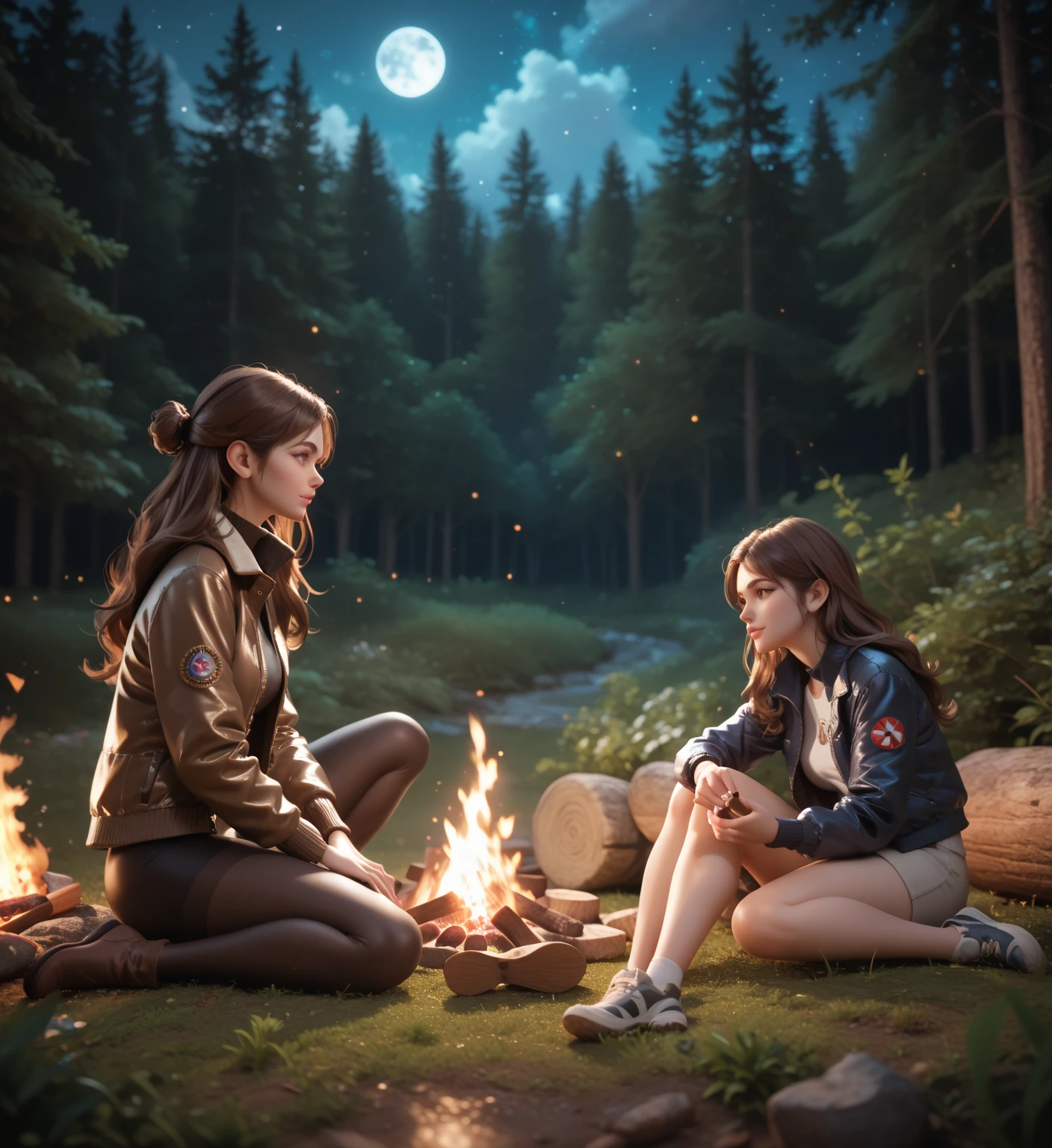 1 female, Black Hair, skirt, Cold tops ((whole body, Crouching, Smile, hapiness的)), masterpiece, best quality, Perfect eyes, Perfect hands, Perfect legs, Extremely detailed, Solitary, outdoor, (Sunset), Mountains, nature, (Star, cloud) hapiness, hapiness的, Backpack, sleeping bag, Camping stove, Water bottle, tennis, Gloves, flashlight, forest, Stone, river, wood, smokes, shadow, Compared,  style, (Warm colors, Warm colors: 1.2), light, Side Light, Ultra-high resolution, 最佳shadow, Raw, wooden house, campfire