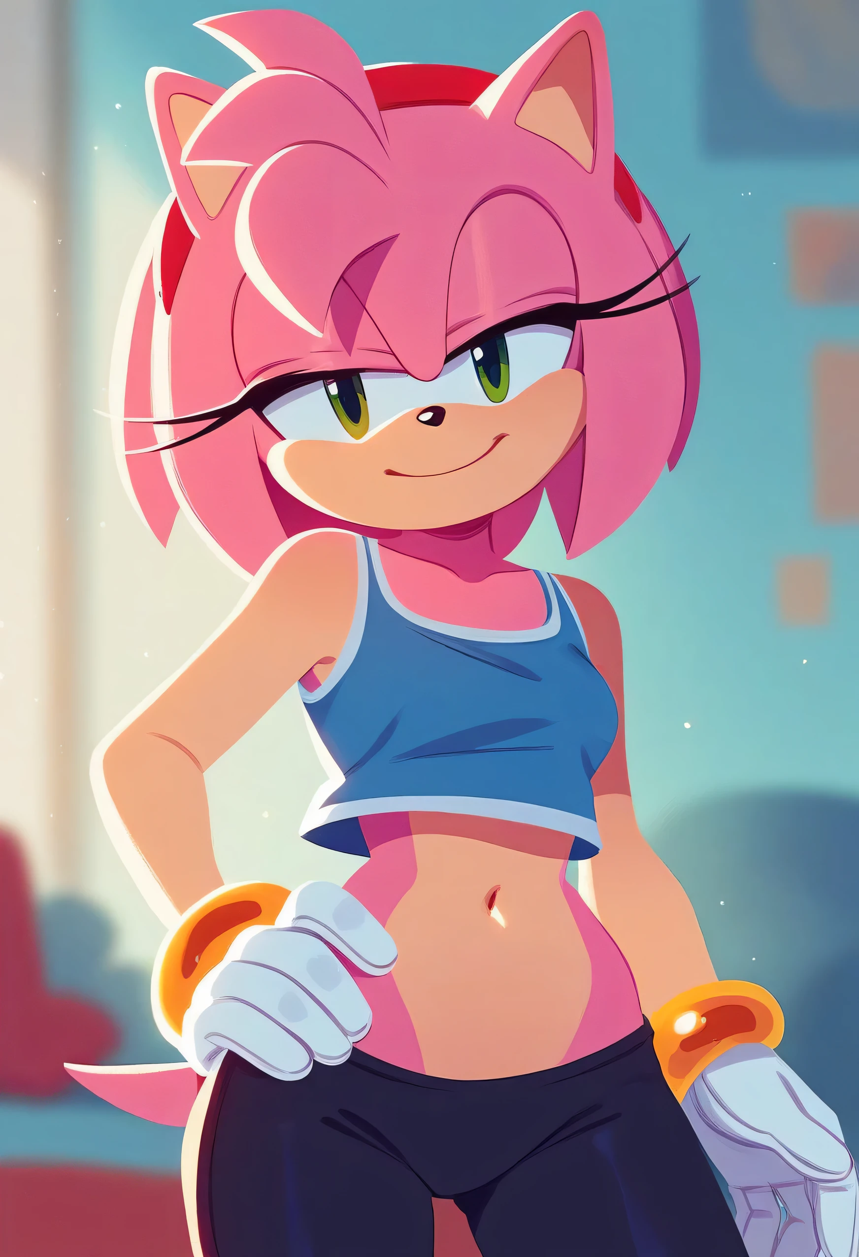 ((sonic (series))), 1girl, solo,  sonic (channel style), flat color,  amy rose, pink fur, red headband,  small breasts, green eyes, looking at viewers, bare shoulders, a blue ruffle off the shoulders tank top, a blue top, navel, black leggings, indoors, dance class, half-closed eyes, white gloves, one hand on hip, cowboy shot, smile