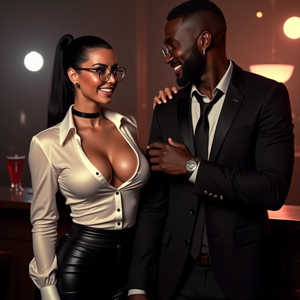 ebony secretary in a office party, one hand grab a champangne. ponytail hair