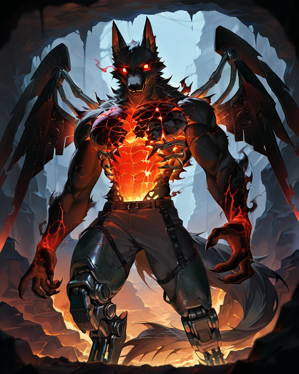 Best Quality, masterpiece, Ultra High Resolution, Detailed Background, (furry male), ( Black Cerberus furry ), metalic body, demonic, underground cave scenery, red glowing eyes, two pair of eyes, Anubis, muscle, (cracked belly:1.2, cracked arms:1.2), cracked chest, solo, male, infernal runes, with black fur, steel ribs, mechanical body, armored legs, metal claws, 4 robotic wings, perfect proportion, good anatomy, perfect anatomy