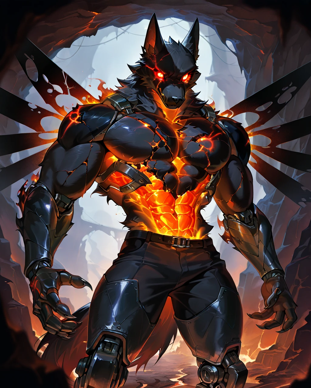 Best Quality, masterpiece, Ultra High Resolution, Detailed Background, (furry male), ( Black Cerberus furry ), metalic body, demonic, underground cave scenery, red glowing eyes, two pair of eyes, Anubis, muscle, (cracked belly:1.2, cracked arms:1.2), cracked chest, solo, male, infernal runes, with black fur, steel ribs, mechanical body, armored legs, metal claws, 4 robotic wings, perfect proportion, good anatomy, perfect anatomy