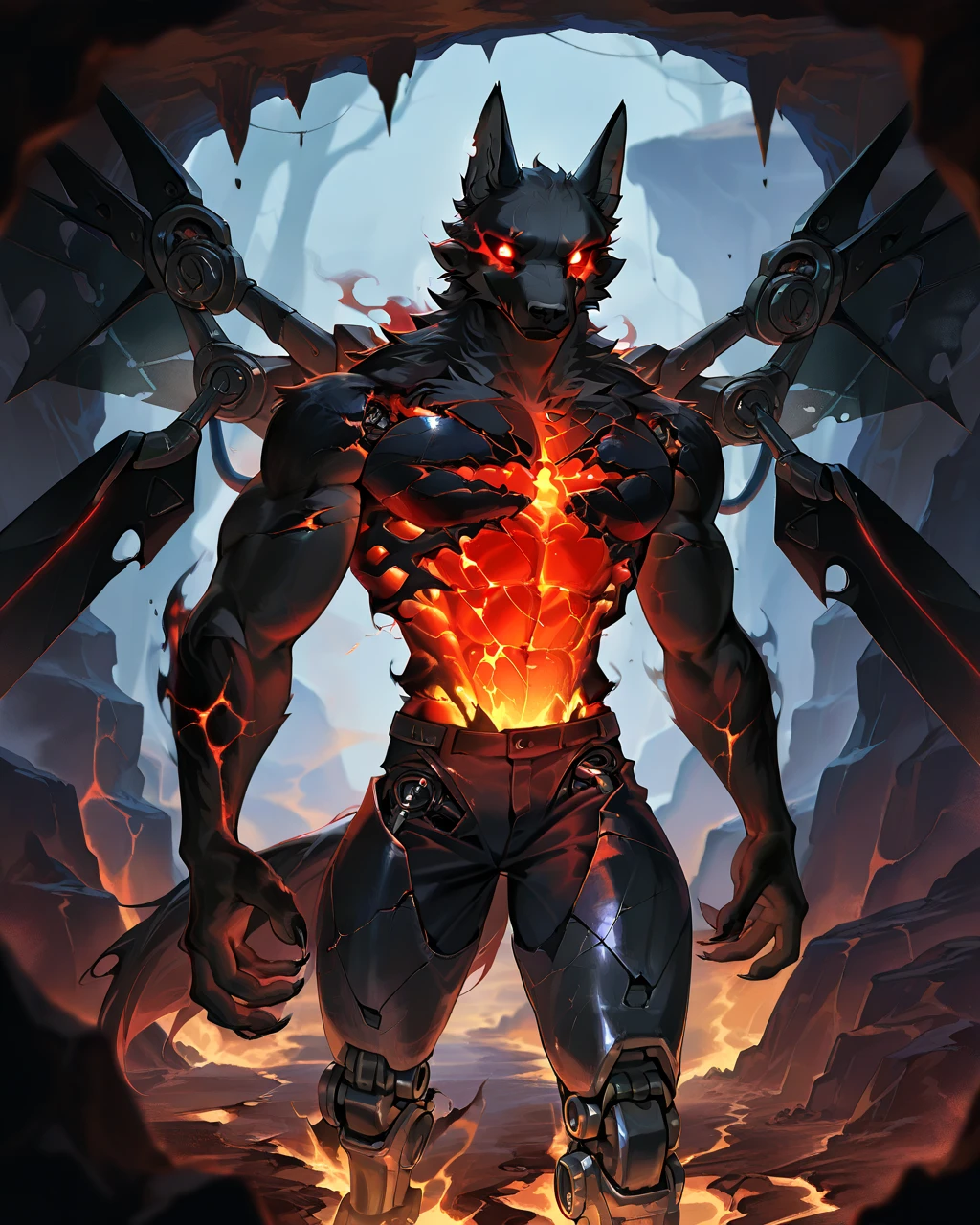 Best Quality, masterpiece, Ultra High Resolution, Detailed Background, (furry male), ( Black Cerberus furry ), metalic body, demonic, underground cave scenery, red glowing eyes, two pair of eyes, Anubis, muscle, (cracked belly:1.2, cracked arms:1.2), cracked chest, solo, male, infernal runes, with black fur, steel ribs, mechanical body, armored legs, metal claws, 4 robotic wings, perfect proportion, good anatomy, perfect anatomy