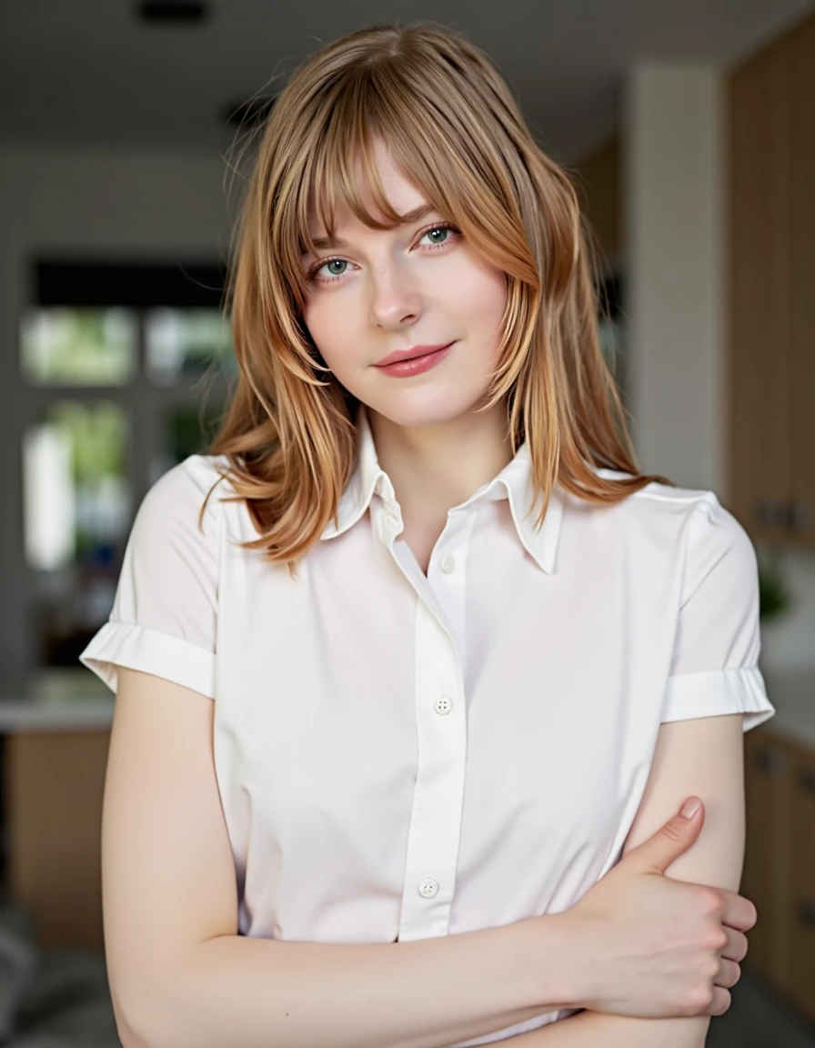 Realistic portrait of a beautiful **-****-*** blonde Dutch high school girl.
3-quarter front upper body shot, sharp focus, 16K resolution.
She is threatened by the audience and rolls up the sleeves of her white short-sleeved blouse to her shoulders to show the audience her armpits.
Her armpits are silky smooth but wet and shiny with sweat.
The audience's attention is focused on her beautiful sweaty armpits.
Her armpits smell nice with vanilla and lemon, but she thinks they stink.