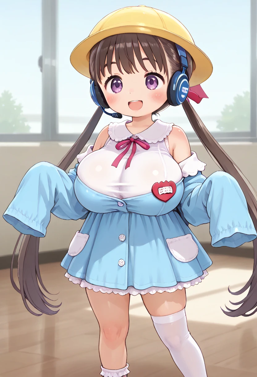 TsukiyomiAi, Purple Eyes, brown hair, very long hair, low twintails, gigantic breast, bangs, pink hair ribbon, headphones, headset, microphone,school hat, yellow hat, White neck ribbon, kindergarten uniform, collared dress, frilled collar, pink dress, Heart Brooch, short dress, Sleeveless dress, Heart name tag, (off Shoulder), collarbone, sleeves past fingers, pink sleeves, asymmetrical legwear, white thighhighs, white socks, bobby socks, red footwear,