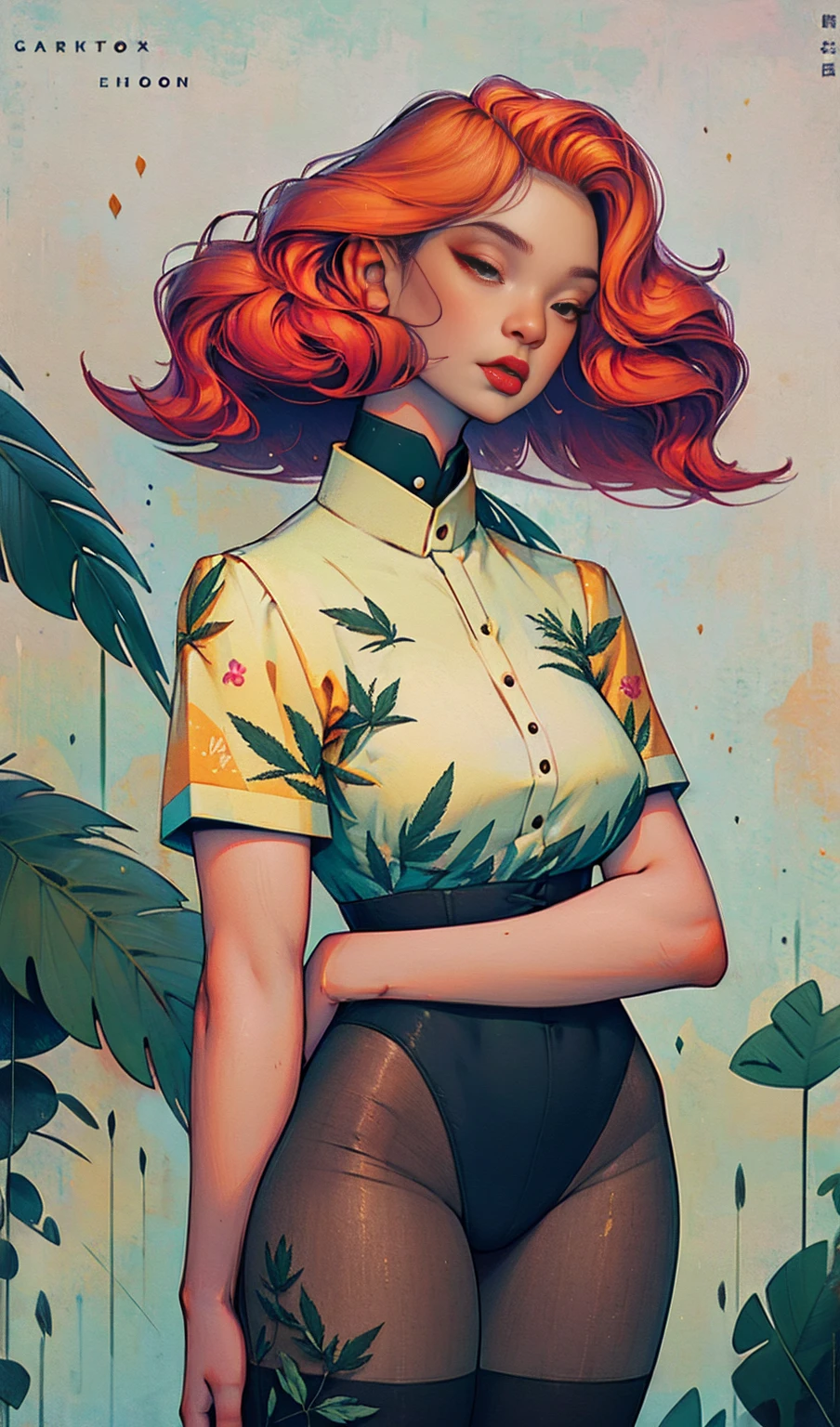 portrait of a girl, near, up close,Background, in a chic expensive interior, multicolored pink hair, mixed-language_SMS, graffiti, (beautiful and clear background:1.2),, fantastic paintings ,graffit style, highly detail eyes , blond girl, cannabis print, marijuana tattoo, Loving, Love, ultra detail hair, Masterpiece, Best Quality, highly quality, A high resolution, detail enhancement, ((most beautiful image in the world)), Masterpiece, Best Quality, highly quality, A high resolution, detail enhancement, ((most beautiful image ), Shiny red wavy hair, Ultra Chic Transparent Clothing, Erotica, highheels, tights in a mesh Artist Stepan Seich, art by j scott campbell, Artist Guillem March, art by citemer liu, 4k, High Resolution, comic book character, comic, high quality detailed, style of ::2.0 comix illustration style,tatoon style, highly quality, A high resolution, detail enhancement, 8K, HD, Best Quality, highly quality, A high resolution, detail enhancement, 8K, HDR, sharp-focus, Ultra Detailed, perfect lighting, Curvy Body, Lush breasts, Curvy hips
