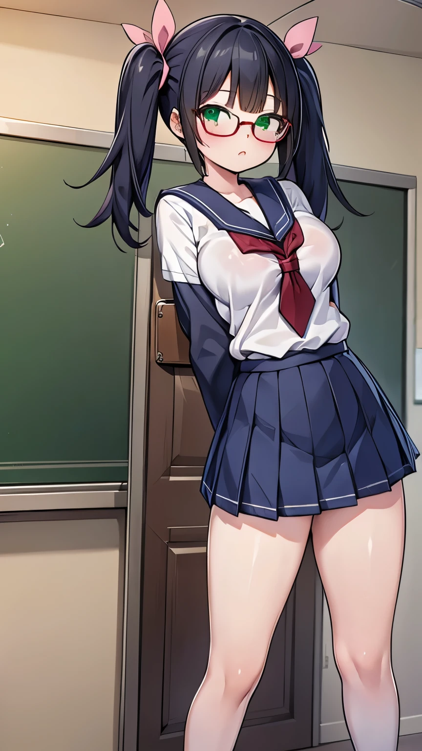 highest quality,wonderful,finely,extremely detailed CG unity 8k wallpaper,1 Girl, Large Breasts,(school uniform:1.3), Watching the audience, Put your arms behind your back,Black Hair, Glasses, Green Eyes,Twin tails, highest quality,Super detailed,unity 8k wallpaper,Game CG