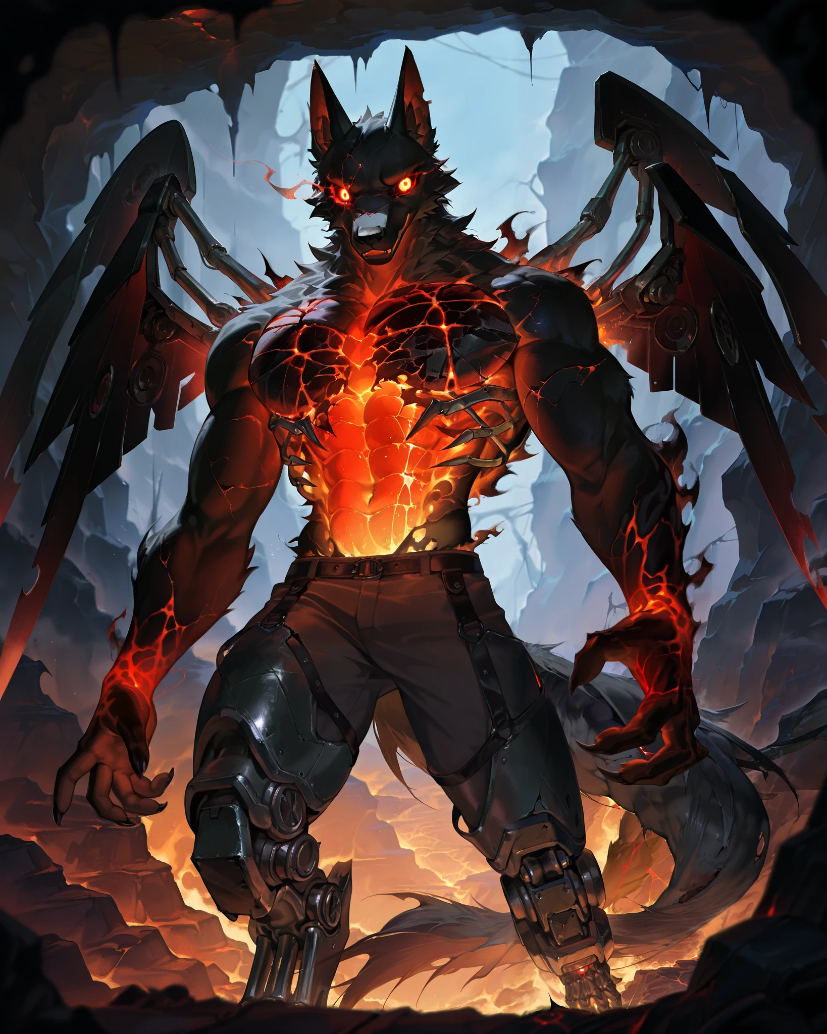 Best Quality, masterpiece, Ultra High Resolution, Detailed Background, (furry male), ( Black Cerberus furry ), metalic body, demonic, underground cave scenery, red glowing eyes, two pair of eyes, Anubis, muscle, (cracked belly:1.2, cracked arms:1.2), cracked chest, solo, male, infernal runes, with black fur, steel ribs, mechanical body, armored legs, metal claws, 4 robotic wings, perfect proportion, good anatomy, perfect anatomy