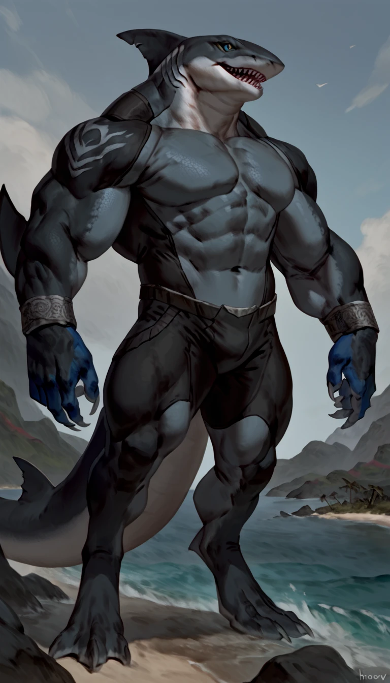 sharkman, anthro megalodon, hunk, black and blue hands and fins, black back, solo, big arms, bara, detailed smooth skin, lizard shark hybrid, anthro, closed mouth, predatory grin, detailed scales, muscular, thick legs, proporcional body, wide chest, trapezoid body type, marked jaw, thick shark tail, armless bodysuit, best quality, 4k, ultra-detailed, by Buta99, by honovy, detailed illustration of 4K horror, island beach scenery, wearing pants, tribal shark tattoos on the body, standing near water