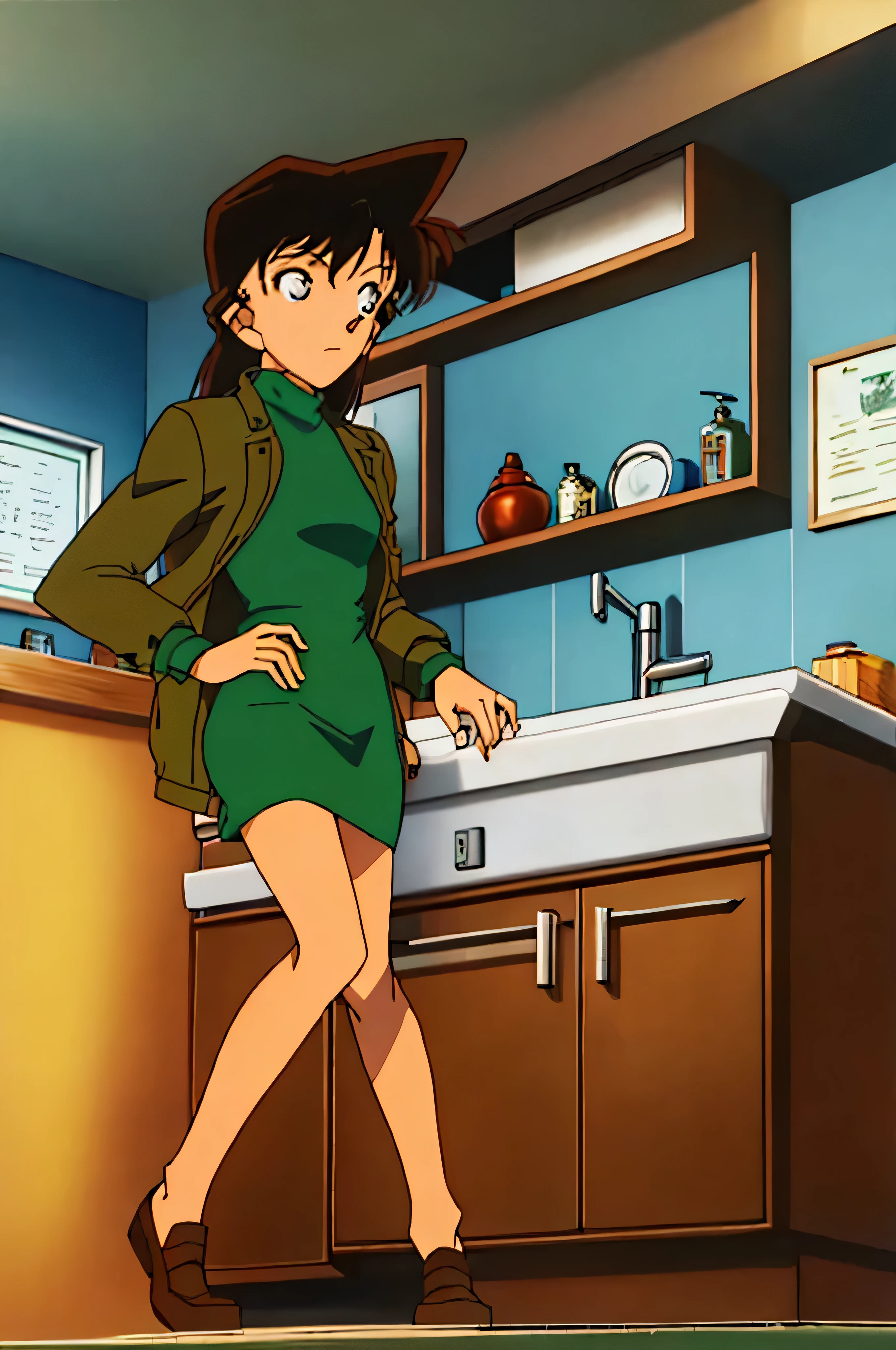 {{{Dylan}}},{{{ Detective Conan }}},{{{ long hair}}},{{{ official style }}},{{{adult}}},Green Dress, one-piece dress , turtleneck , GREEN MINI SKIRT , {light green mini jacket},{light green mini jacket},Green socks, brown loafers,sink,laundry,kitchen,bringing upper body to the sink,open,Back view of a person leaning forward