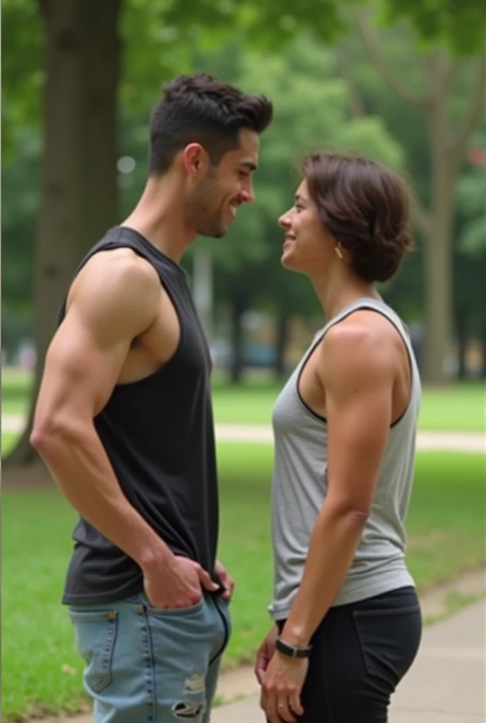 Photo of a straight couple exercising together at the gym or in a park, with vibrant colors and fitness icons