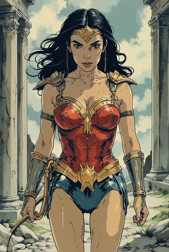 (Teens:1girl: wonder woman,gothicpunkai), (extremely detailed CG unit 8k wallpaper),(master part), (best quality), (ultra detali), (best illustration),(melhor ombre), cowboy shot, (Sharp eyeliner, ombre, detailedeyes:1), Themyscara background, ,break , (star15escola:1.2), hair ornament,long hair ,black hair, Cameltoe,camisa