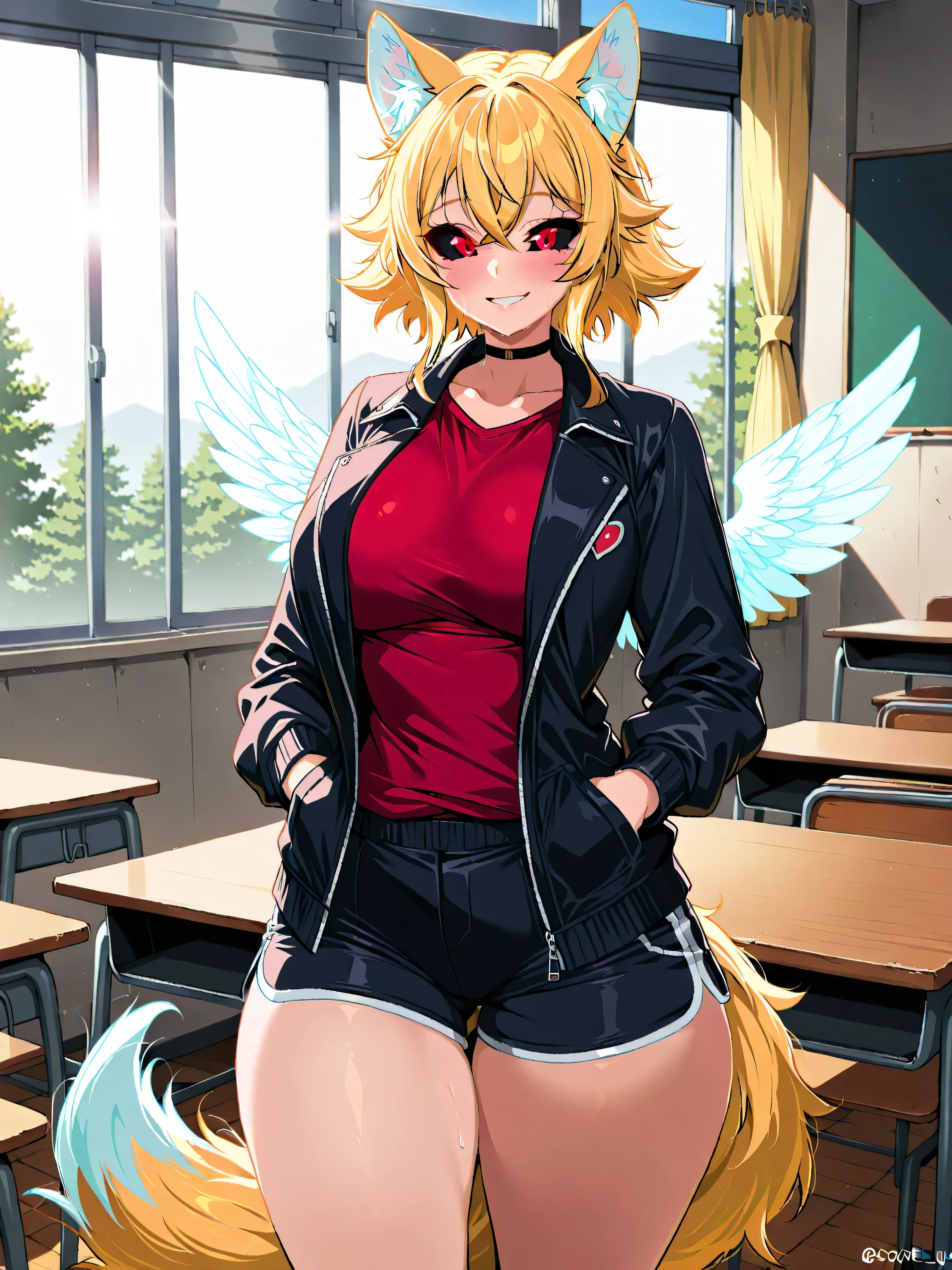 black sclera, school background, solo, angelic wings, ,medium breats, short, large thighs, innocent smile, adult, female, short blonde hair, blonde wolf ears, blonde wolf tail, red eyes, black jacket, red shirt, black shorts, hands in pockets, (masterpiece), best quality, expressive eyes, perfect face, ,score_9, score_8_up, score_7_up,source_anime,BREAK