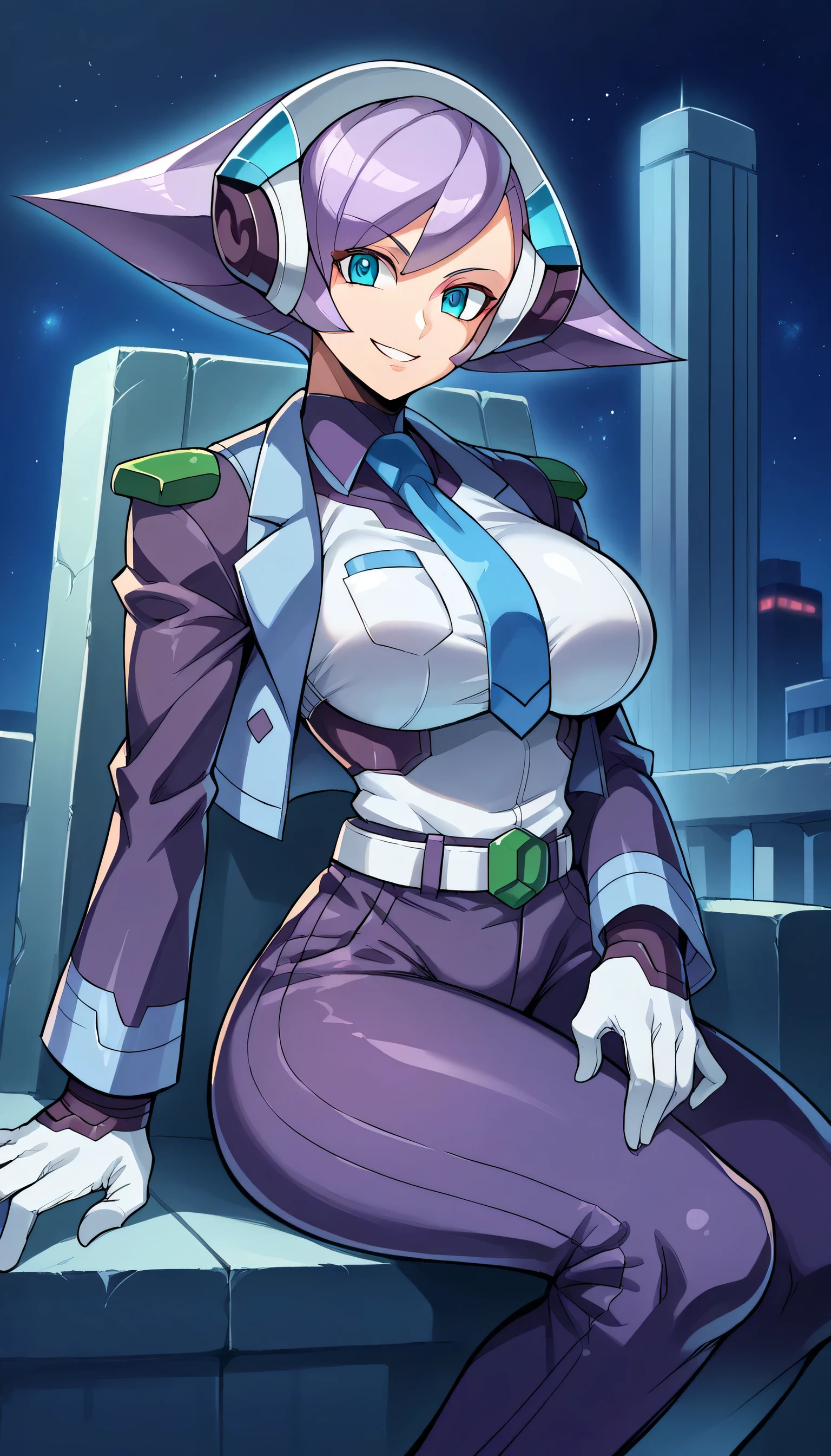 1girls, solo, female_focus, necktie, formal, gloves, suit, , adjusting_clothes, belt, hand_in_pocket, shirt, , jacket, pants, long_sleeves,Windows, Building,Evil smile,, large breast,Sitting, throne,Anime, puri, 1girl, luminex8, smile, violet hair, android,night, sky, stars