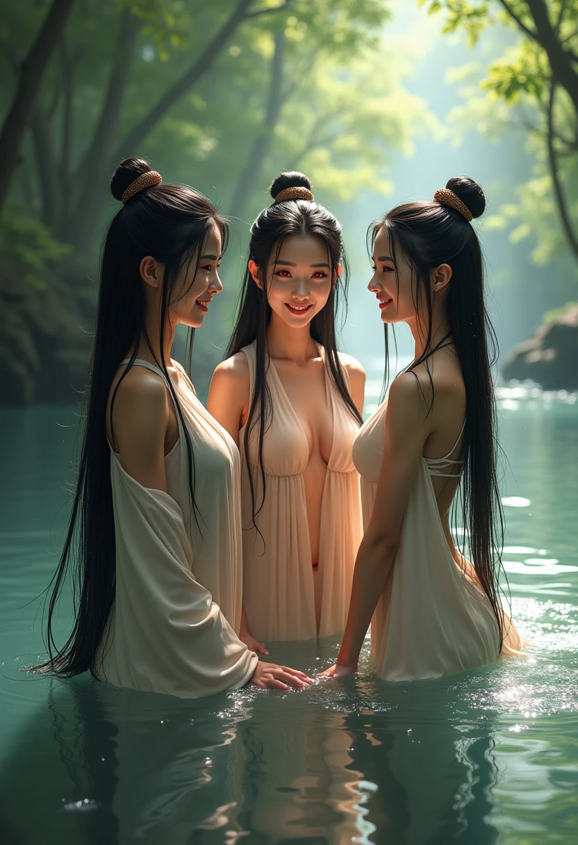 ( 3 girls),smile、Look into the camera、diamond necklace、braided hair, Wear a jeans skirt.( Naked, perky breasts, bare breasts, nipples. (((round chestๆ)))revealing upper arms、Extra long twin tail feathers、Flower Hair Ornaments、 Masterpiece, Highest quality, 8ก, beautiful girl, young face、 photography, Cute face, thigh,(Sitting in a lotus pond),、รอยsmile、small waist, blue eyes(((The chest is erect...)))(((round chest)))(((big breasts:1.0)))