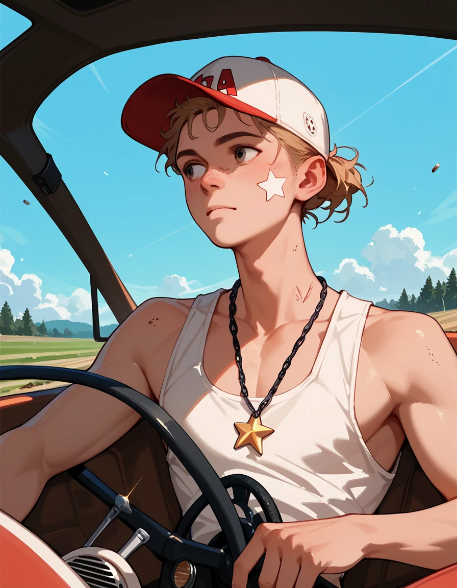 1 boy 16yo, fit, star baseball cap, white dirt tanktop, bullet necklace, driving caterpillar on field, redneck boy, 