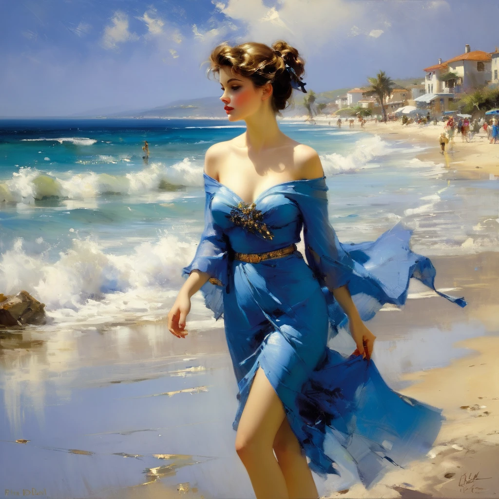 Painting of a woman in a blue shirt and red skirt standing on the beach, inspired by Théodore Chasseriau, Karol behind UHD, by Vincent Lefevre, fully dressed. sexy painting, inspired by Pierre Auguste Cot, Michael Whelan e Karol Bak, Beeple e Alphonse Mucha, Tenente Alexander Kucharsky
