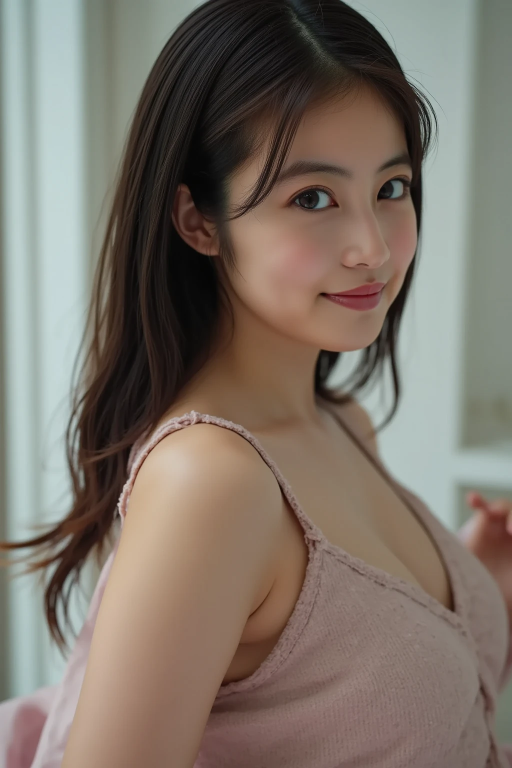 Imadamio,  Masterpiece, best  High Quality , 16k, 8k,  beautiful, Get used to it,  exquisite, extremely Get used to it, finely Get used to it,  High Quality , insanely Get used to it, ultra Get used to it,  ultra high definition, ultra  High Quality ,  beautiful face,  Japanese , nsfw, Nikon, 50mm,  slim waist, ( casual wear, Front View,  bust up pictures with A paper with "Are you ready?" written on it  in hand, Look backwards:1.4),  studio light , smile, Big Breasted , 