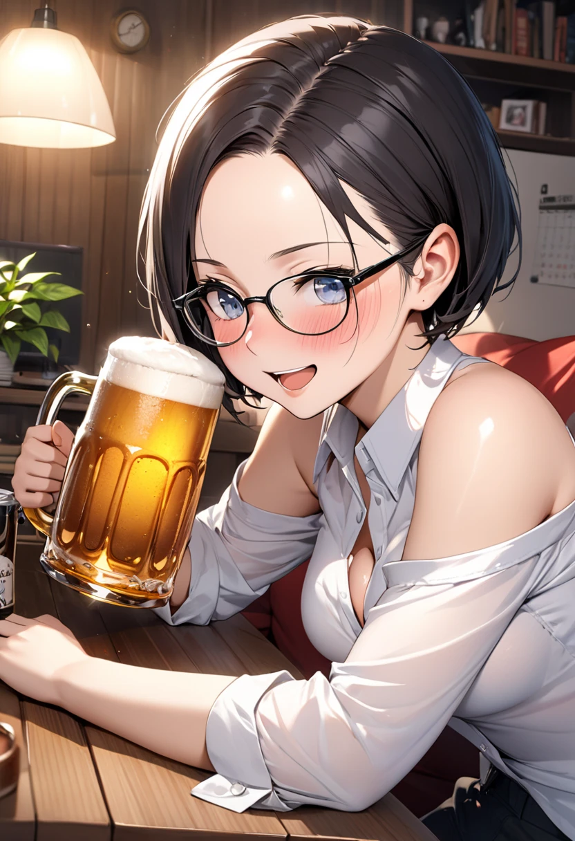 ((masterpiece)), ((best quality)), (ultra-detailed), ((kawaii)), cute, (lovely), ((sexy)), ((extremely detailed)), 4K, (8K), best quality, (beautiful), anime style, upper body, face in profile, focus on the face, bar, ((sitting on chair at bar)), a cute girl, 1girl, solo, suit, beautiful dark brown hair, beautiful purple eyes, glasses , ((beautiful eyes with highlights )), ((drinking)), white-skinned, ponytail, transparent hair, translucent hair, large breast, earrings, necklace, ((bring beer jockey)), beer, ((smile, blush, neon light, reflection effect