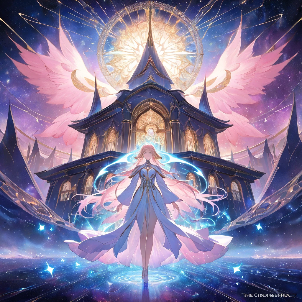 Create an anime-style portrait of the person with background, depicting a mystical, ethereal female character standing in front of a celestial house-like structure in a vast cosmic landscape. The character should have a serene, wise expression, with flowing, otherworldly robes and a soft, glowing aura. She is surrounded by floating constellations and shimmering nebulas, symbolizing the spiritual and creative essence of Novaeres Aeterna. The house in the background should appear as a majestic and futuristic structure, blending advanced technology and ancient mysticism. The atmosphere should evoke mystery, exploration, and a sense of belonging, with soft, pastel colors and a whimsical, 