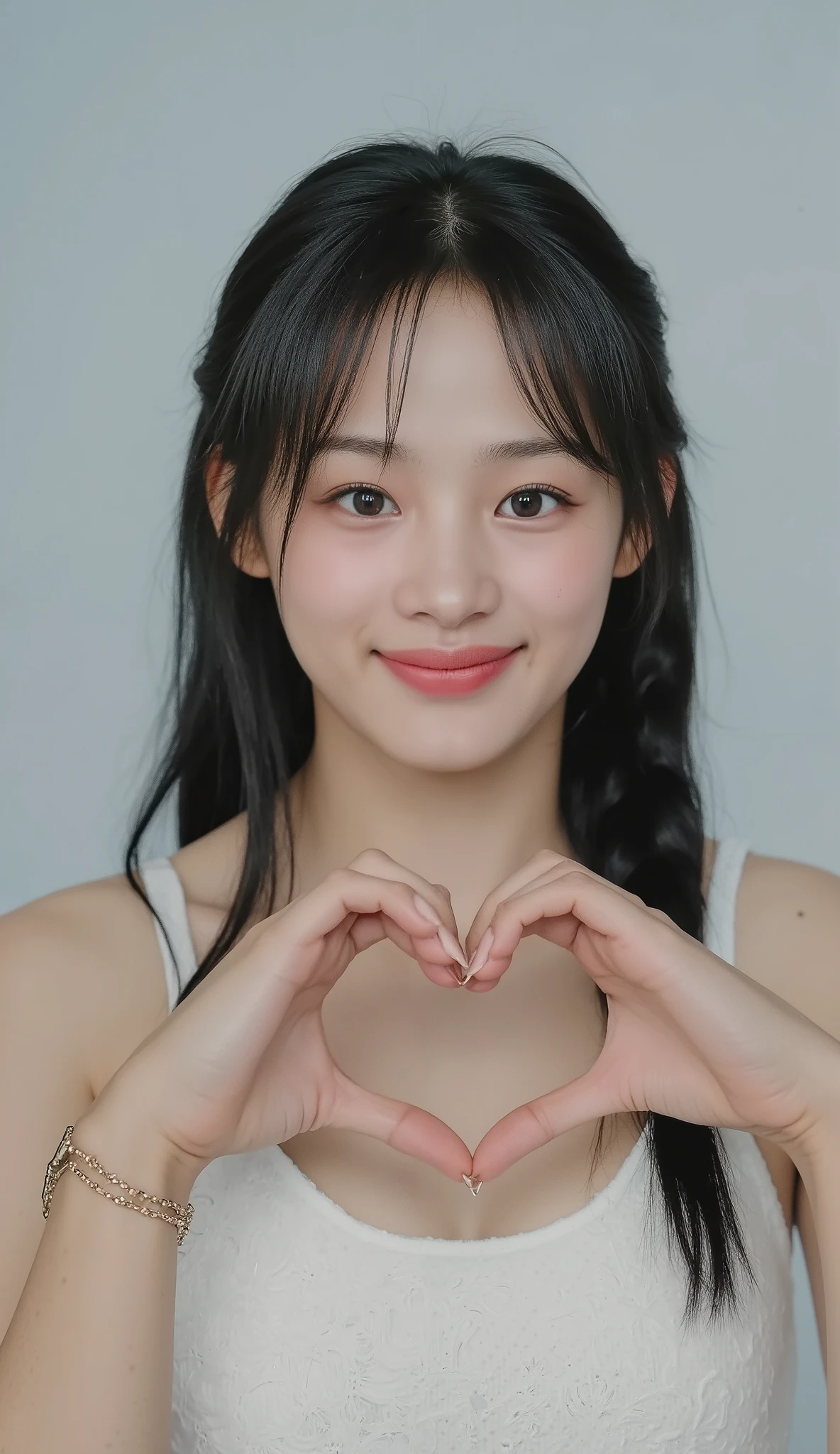      Wear an attractive camisole and shape your hands in front of your chest in the shape of a heart   ,     Cute Smile Up、  The background is plain、  HD、細部にわたって HD  