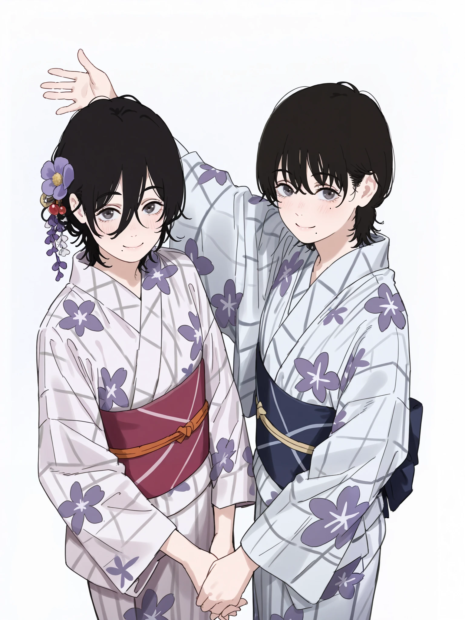  girls in yukata on a white background,posing side by side,yukatas,obis,pink yukata,violet yukata,flowery yukatas,,hair ornaments,sash,floral print,holding hands from above,smiling at viewer,white background,Fuj1noLB,highly detailed, black hair ,((full_body)), masterpiece,amazing quality,taken from the little fingers, short hair, best quality,very aesthetic,Cute,Mole under eye,Mole under mouth,Between eyes,Mole under mouth 