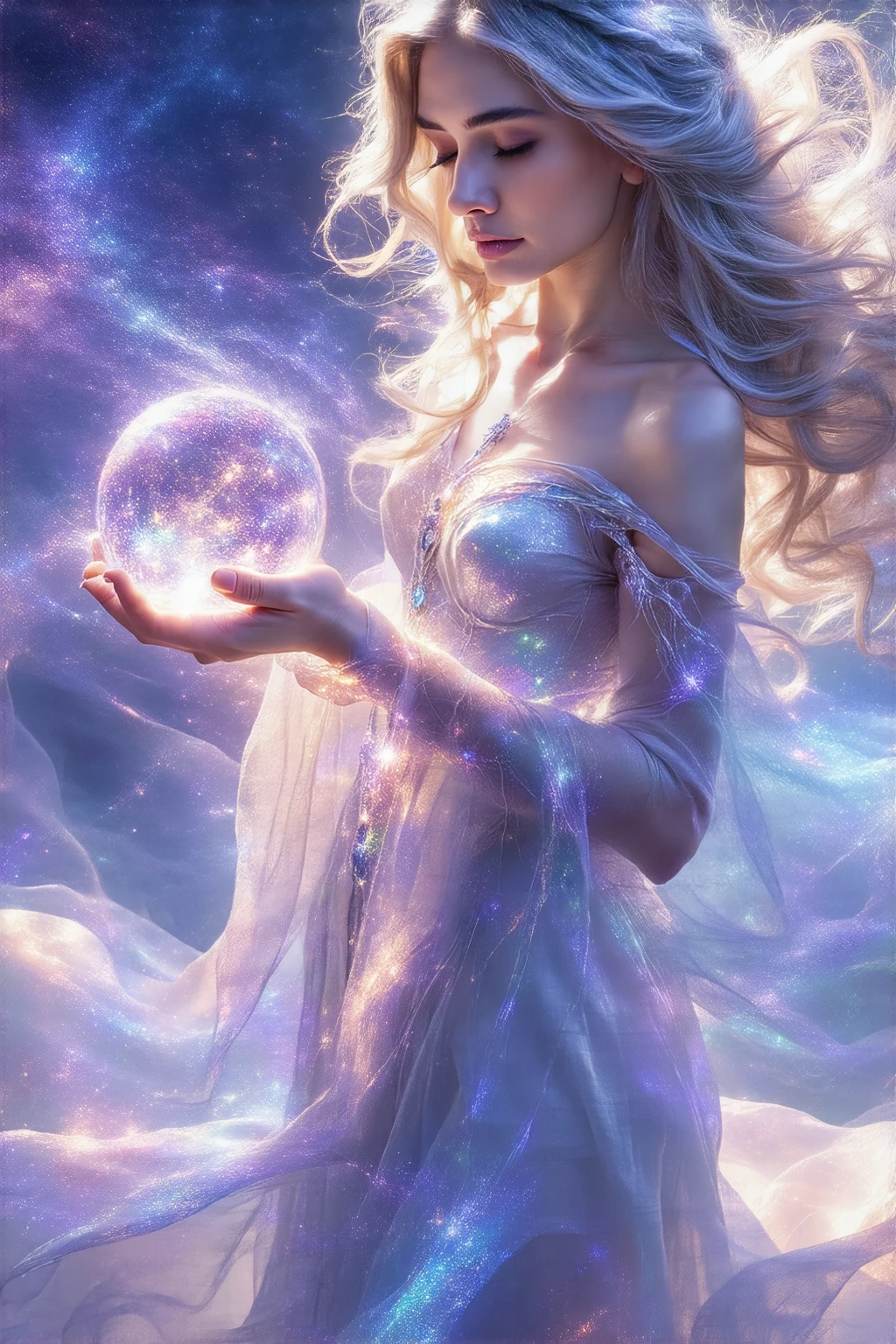 A stunning, youthful sorceress with flowing, silver hair wearing a vibrant, iridescent gown that shimmers with captured starlight. She holds a glowing crystal orb, radiating soft, ethereal light, her eyes closed in deep concentration as she levitates amidst a swirling vortex of pastel-colored magic. The backdrop is a twilight sky with nebulae and twinkling constellations, rendered in a detailed, painterly style.