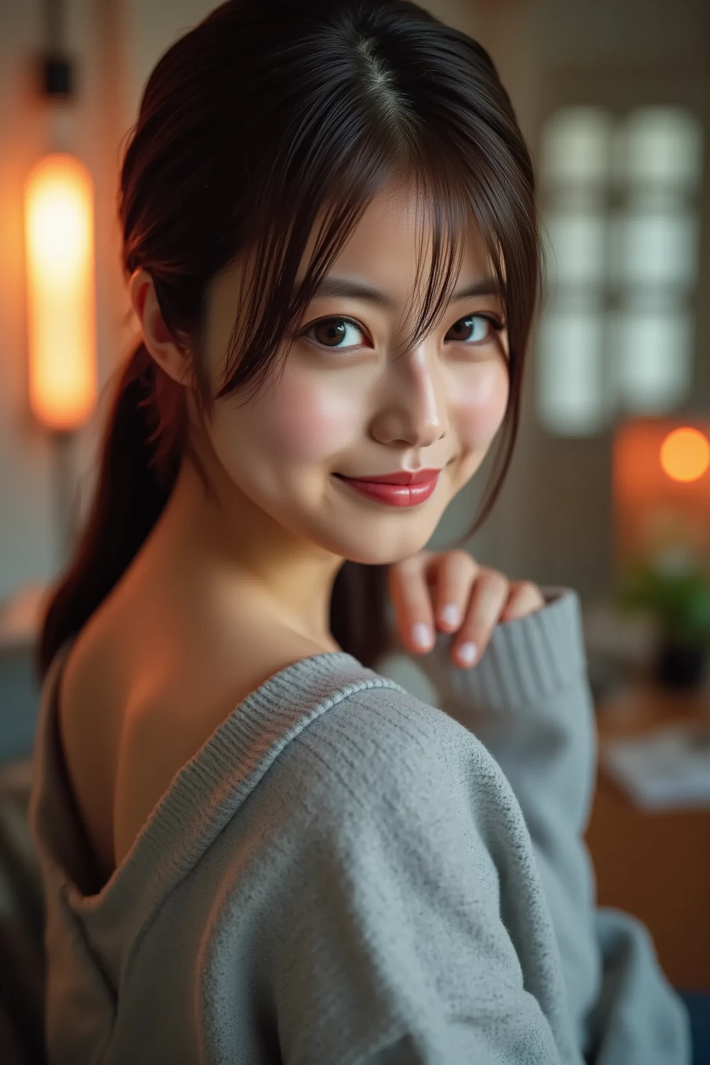 Imadamio,  Masterpiece, best  High Quality , 16k, 8k,  beautiful, Get used to it,  exquisite, extremely Get used to it, finely Get used to it,  High Quality , insanely Get used to it, ultra Get used to it,  ultra high definition, ultra  High Quality ,  beautiful face,  Japanese , nsfw, Nikon, 50mm,  slim waist, ( casual wear, Front View,  bust up pictures with A paper with "Will you be my boyfriend?" written on it  in hand, Look backwards:1.4),  studio light , smile, Big Breasted , 