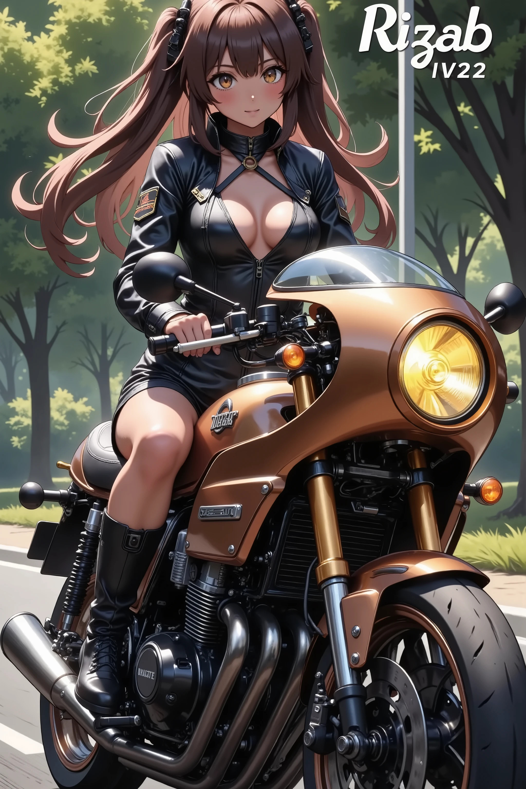 One beautiful woman riding a motorcycle tuned to Cafe Racer 、 yellow headlight、 rocket cowl 、Overall view of the motorcycle、glowing exhaust pipe, Ultra Wide Angle,  glossy brown skin 、 anime