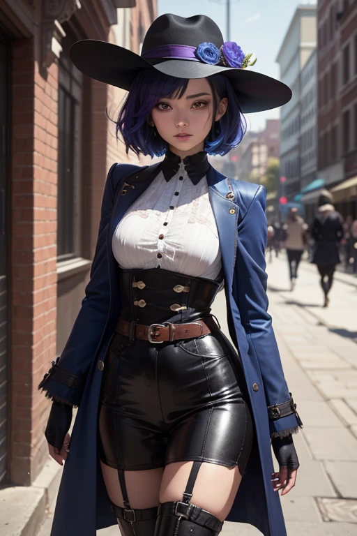 Girl style anime  ,   short black hair with tips dyed dark blue  ,   designed with a modern and bold style  . Her hair is slightly disheveled to give it a dynamic and youthful touch. Her eyes are large and a deep blue color,  that reflect trust and strength.
1.    wide-brimmed hat   :    A black hat with a gothic design decorated with purple feathers and metallic details,  that gives it an elegant and magical air   .


2.    Long and torn coat   :    A black coat with decorative edges and purple frayed details   .    It has buckles and straps that give it a utilitarian and medieval touch   .


3.    tight corset:    An elegant gothic corset with multiple buckles and metallic details   .    It is combined with a purple blouse underneath   ,    that have decorative folds on the sleeves   .


4.    tight pants   :    Black leather pants with several straps   , belts and buckles   ,    that reinforce the detailed and practical aesthetics of the   .


5.    High boots with buckles   :   knee-length black boots  ,    decorated with belts and pattern engravings that give it a sophisticated look  .


6. Detalles adicionales:    The set includes accessories such as crossed belts   , long gloves,    design and metallic details that reinforce the gothic-medieval style   .