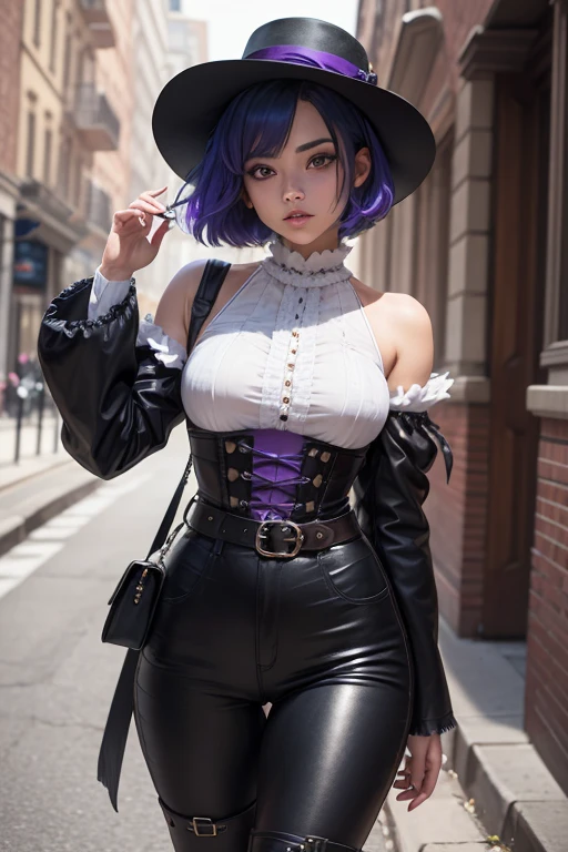 Girl 19 years old, pink hair, blue colored eyes, long hair, muscular, purple witch hat, viking leather skirt, bear skin clothes. Purple cropped one shoulder with long sleeves. em um campo verdejante, Riu.