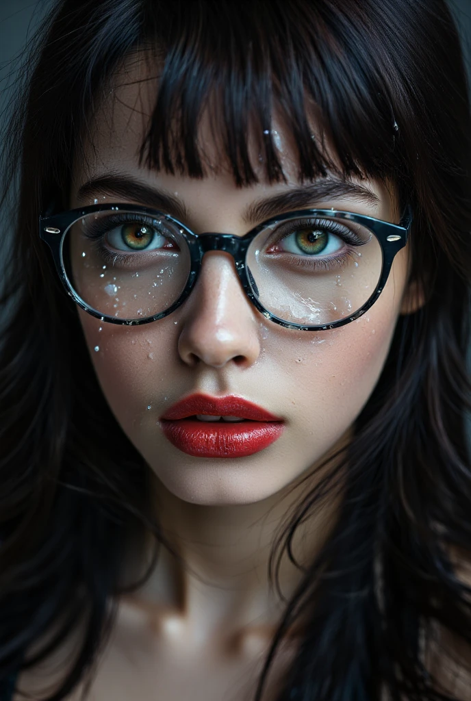 A striking portrait of a fierce woman with piercing eyes and bold, direct eye contact. Long Black shiny hair, She wears natural-looking brick-red lipstick and large, avant-garde glasses. The composition embodies a high-fashion editorial aesthetic, blending ethereal beauty with dramatic shadows and luxurious fashion details. Cumface teen with lots of white, sticky, wet, dripping white transucent cum all over here face, (Cum on face), Cum on forehead, Dripping cum, The zoomed-out perspective places the subject in 30% of the frame, leaving ample negative space around her head for a modern, minimalist feel. The subtle 3D effect enhances the visual depth, creating a captivating and dynamic image.