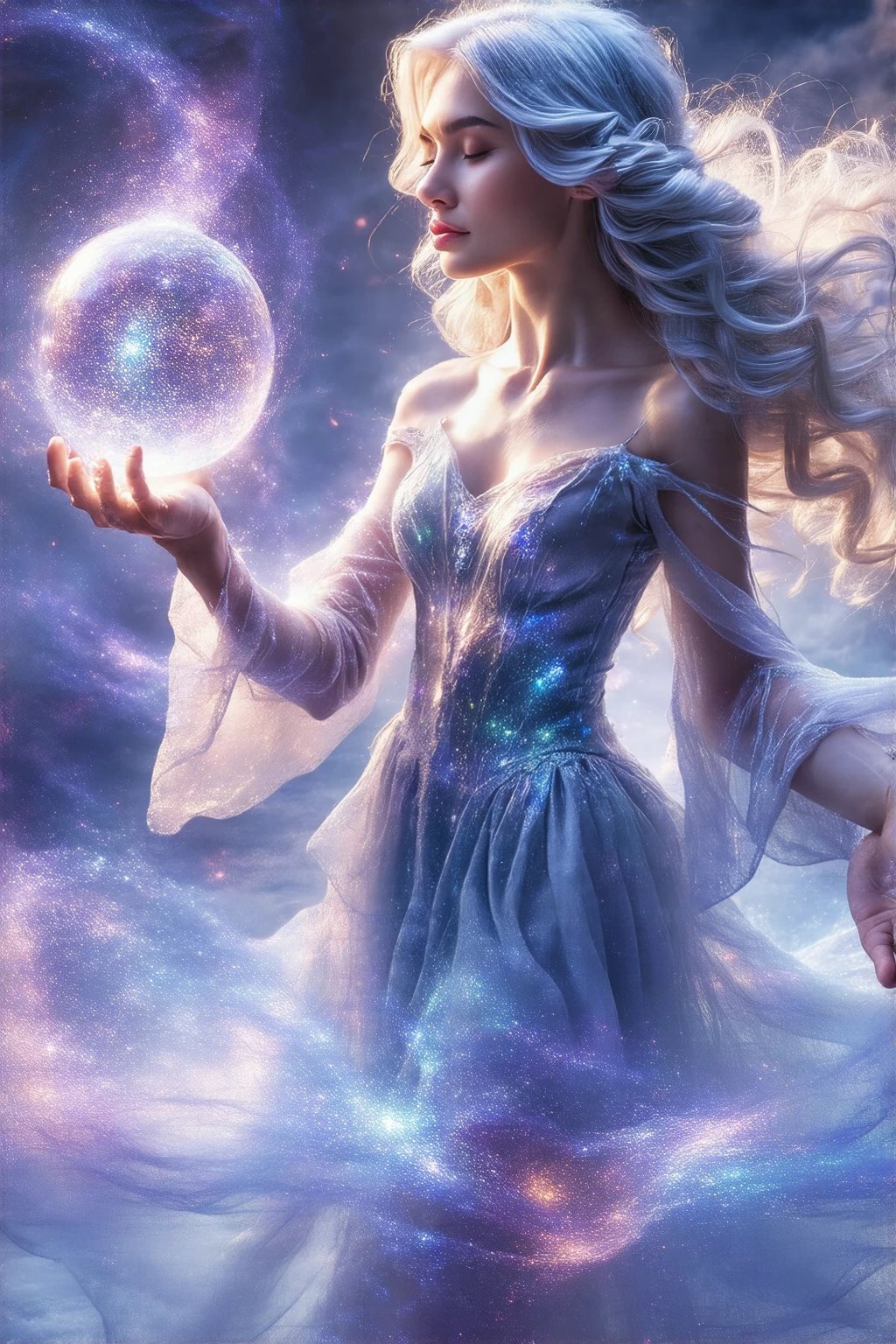 A stunning, youthful sorceress with flowing, silver hair wearing a vibrant, iridescent gown that shimmers with captured starlight. She holds a glowing crystal orb, radiating soft, ethereal light, her eyes closed in deep concentration as she levitates amidst a swirling vortex of pastel-colored magic. The backdrop is a twilight sky with nebulae and twinkling constellations, rendered in a detailed, painterly style.