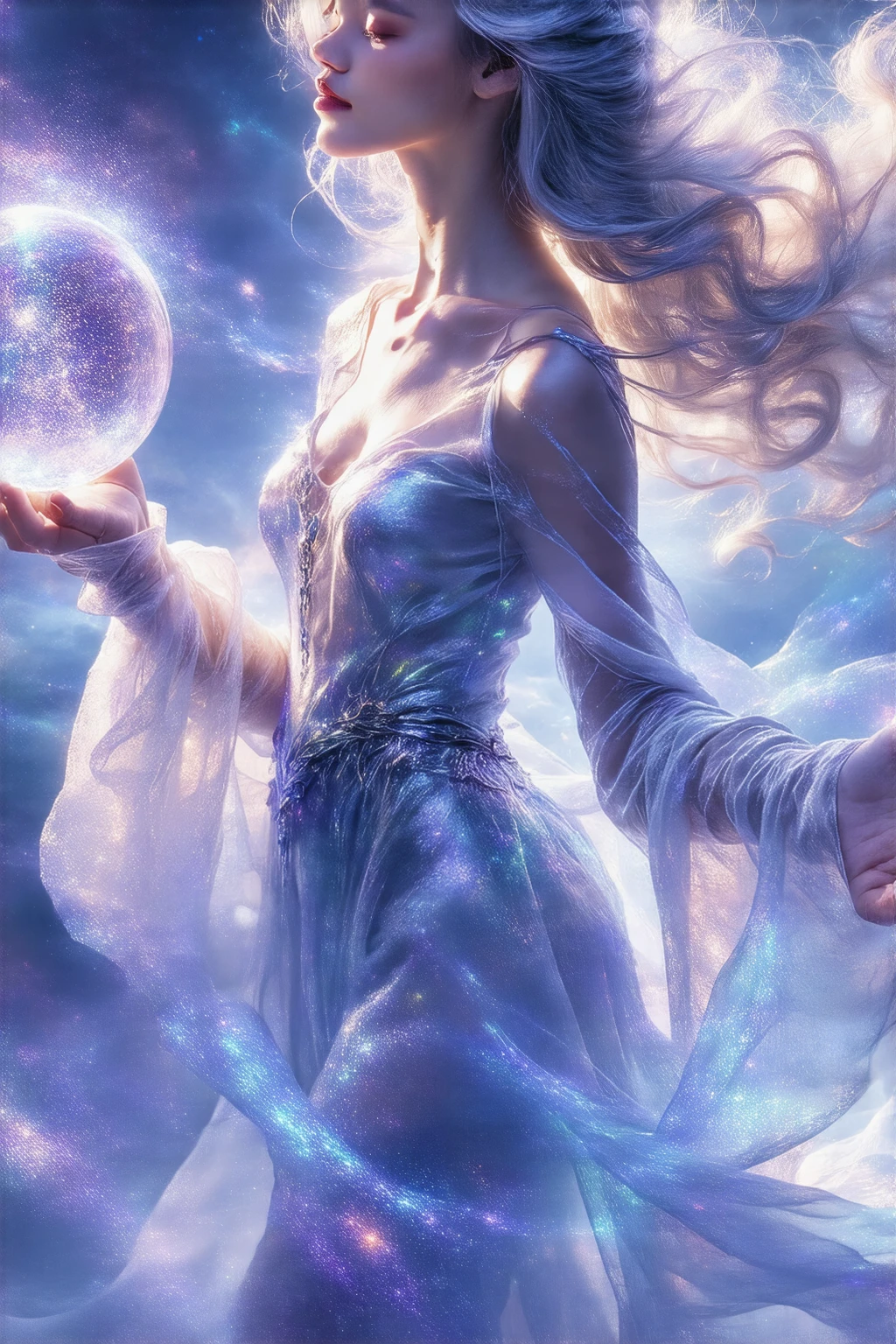 A stunning, youthful sorceress with flowing, silver hair wearing a vibrant, iridescent gown that shimmers with captured starlight. She holds a glowing crystal orb, radiating soft, ethereal light, her eyes closed in deep concentration as she levitates amidst a swirling vortex of pastel-colored magic. The backdrop is a twilight sky with nebulae and twinkling constellations, rendered in a detailed, painterly style.