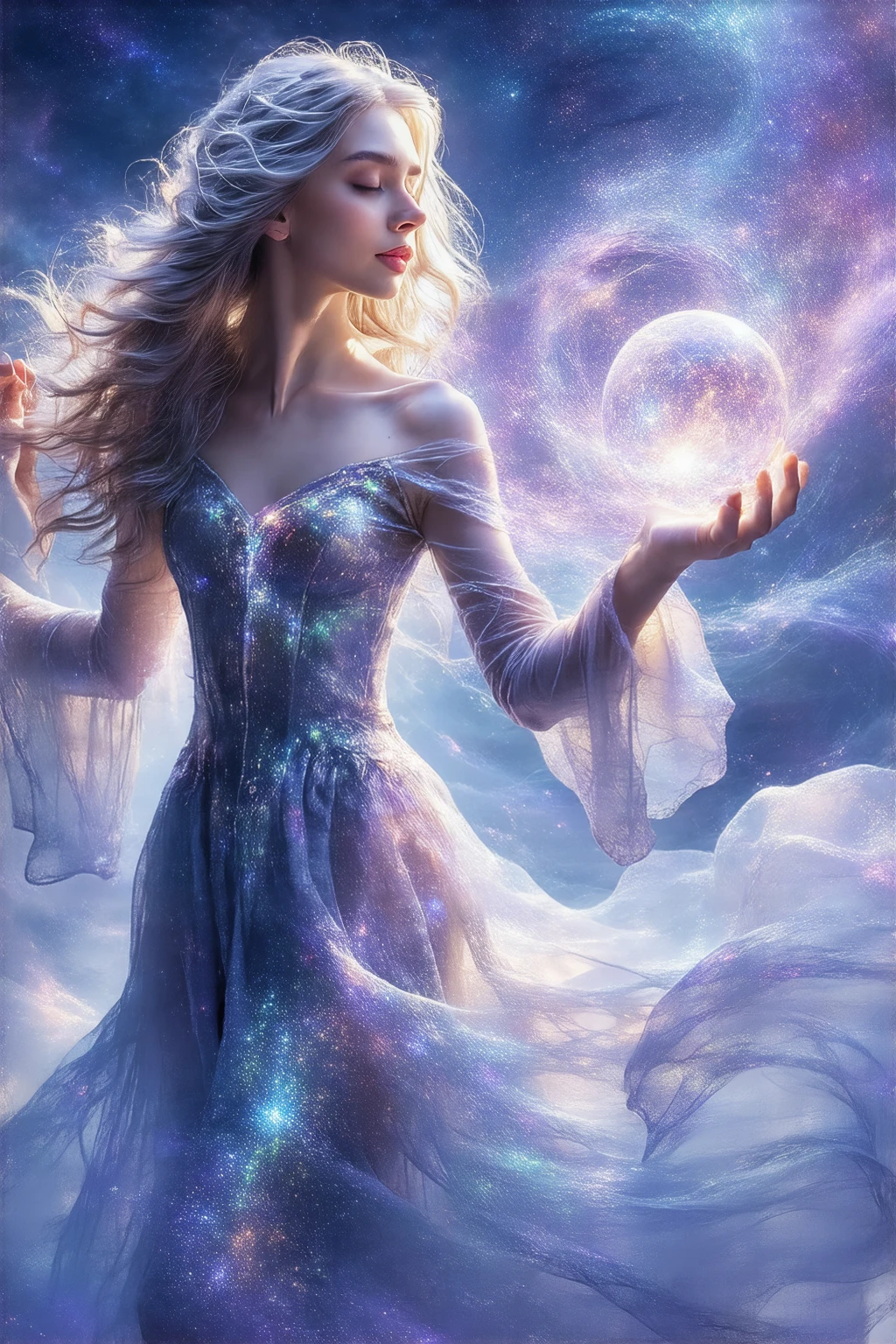 A stunning, youthful sorceress with flowing, silver hair wearing a vibrant, iridescent gown that shimmers with captured starlight. She holds a glowing crystal orb, radiating soft, ethereal light, her eyes closed in deep concentration as she levitates amidst a swirling vortex of pastel-colored magic. The backdrop is a twilight sky with nebulae and twinkling constellations, rendered in a detailed, painterly style.