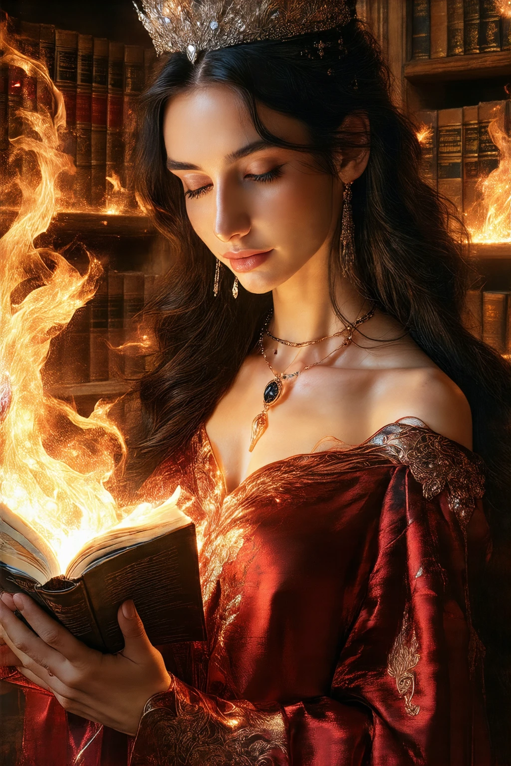 A beautiful enchantress with long, raven hair, adorned with intricate silver tiara and delicate, jeweled ornaments, clad in a crimson velvet robe embroidered with gold threads. Her left hand gently cradles a luminescent phoenix, its flames casting a warm, orange glow on her serene face. The background features an ancient, gothic library filled with floating spell books and arcane artifacts, painted in a realistic and hyper-detailed style.