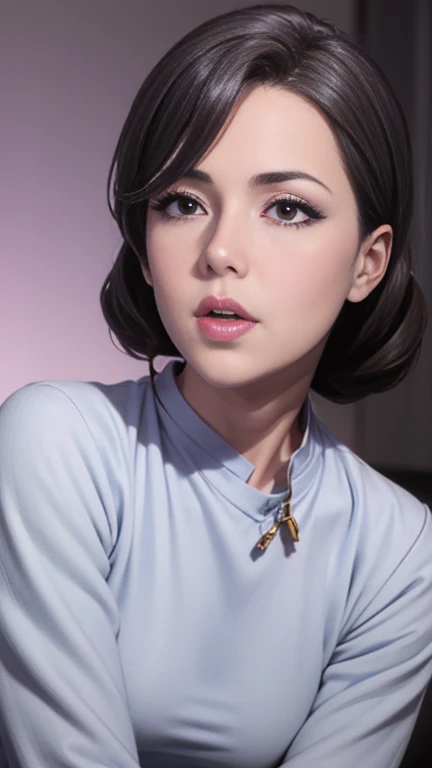 (a masterpiece portrait of a woman with ultra detailed features, in 8K resolution, with crisp quality and vibrant colors),  flat chest, 40-year-old woman、( realistic facial wrinkles:1.4)、Perfect Makeup、 shiny red lips、Thick lips、Clear eyeliner、Dark eyeshadow、long eyelashes、Kissing Face、throw、Chin up、 eyes half open、 open the opening slightly、 off-shoulder t-shirt、