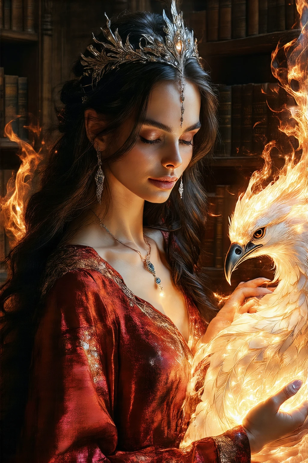 A beautiful enchantress with long, raven hair, adorned with intricate silver tiara and delicate, jeweled ornaments, clad in a crimson velvet robe embroidered with gold threads. Her left hand gently cradles a luminescent phoenix, its flames casting a warm, orange glow on her serene face. The background features an ancient, gothic library filled with floating spell books and arcane artifacts, painted in a realistic and hyper-detailed style.