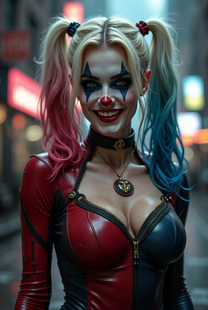 an image of a dynamic and intense comic book character, resembling Harley Quinn, in a vivid and chaotic urban battlefield. The character has a pale face with exaggerated makeup: blue eyeshadow on one eye and red on the other, with matching blue and pink pigtails. She is dressed in a tight, shiny, red and blue jester costume with a white ruffled collar and pom-poms. She is wielding a giant candy cane like a weapon, holding it across her shoulders with a mischievous, wide-open grin. The background features a cityscape in disarray, with exploding cars, flying playing cards, and debris creating a sense of action and chaos. The image should be vibrant, with sharp contrasts and a surreal, high-energy feel. Hyper realistic photo, 16k, vibrant colors