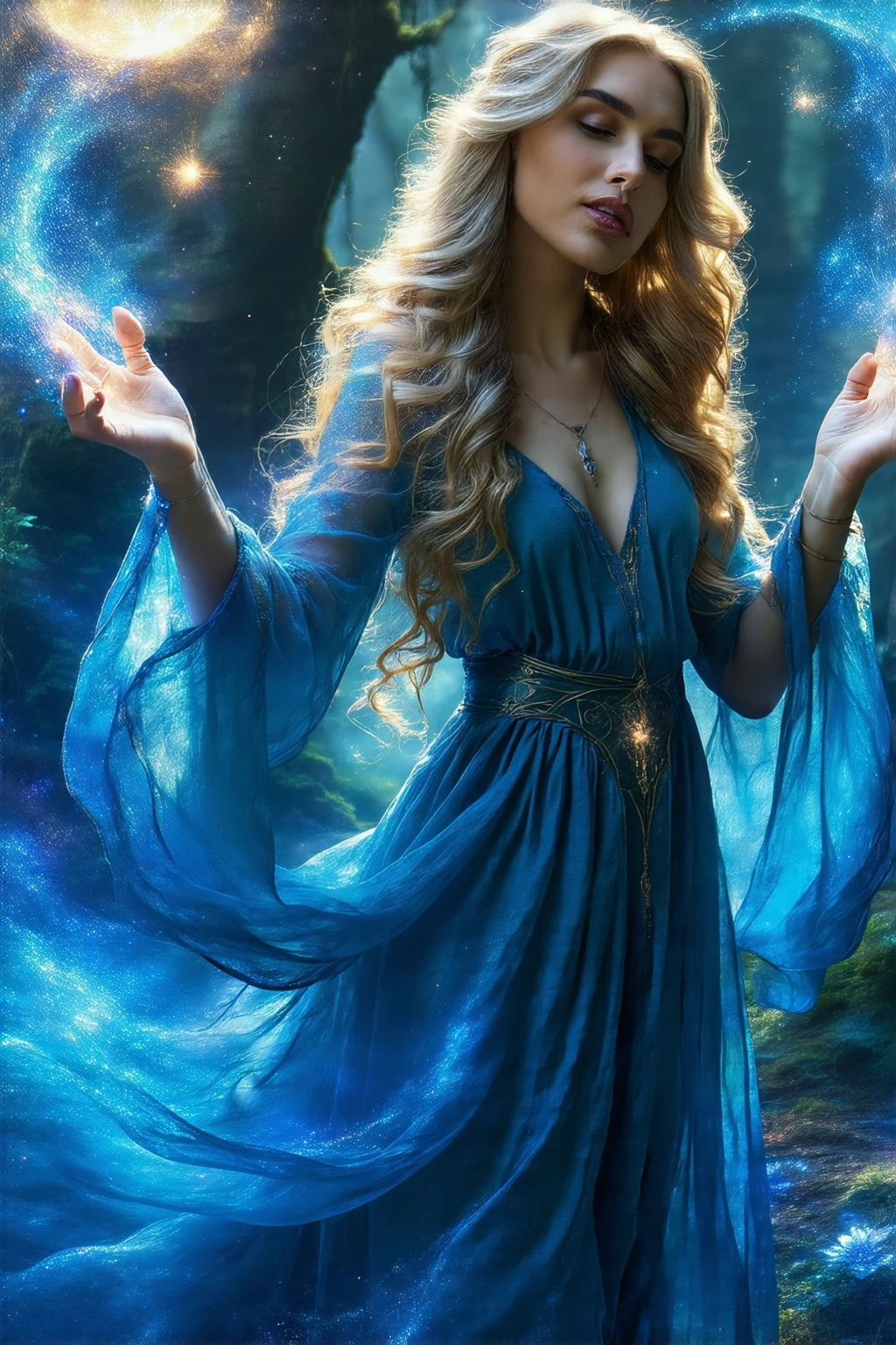 An elegant sorceress with cascading, golden locks, wearing a diaphanous, sapphire blue dress that flows around her like liquid moonlight. She raises her hands to summon a dazzling spell, creating swirling patterns of light and stardust around her. Her eyes are open with focus and determination. The scene is set in a lush, enchanted forest with glowing flora and fauna, rendered with an Art Nouveau-inspired style and vivid colors.