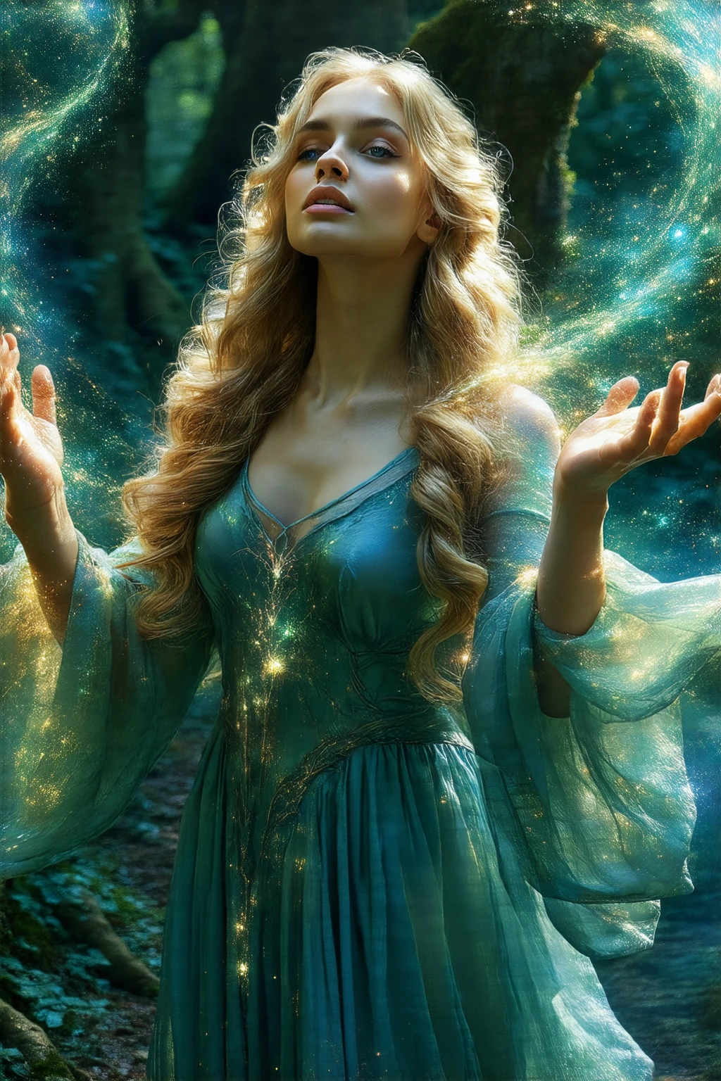 An elegant sorceress with cascading, golden locks, wearing a diaphanous, sapphire blue dress that flows around her like liquid moonlight. She raises her hands to summon a dazzling spell, creating swirling patterns of light and stardust around her. Her eyes are open with focus and determination. The scene is set in a lush, enchanted forest with glowing flora and fauna, rendered with an Art Nouveau-inspired style and vivid colors.