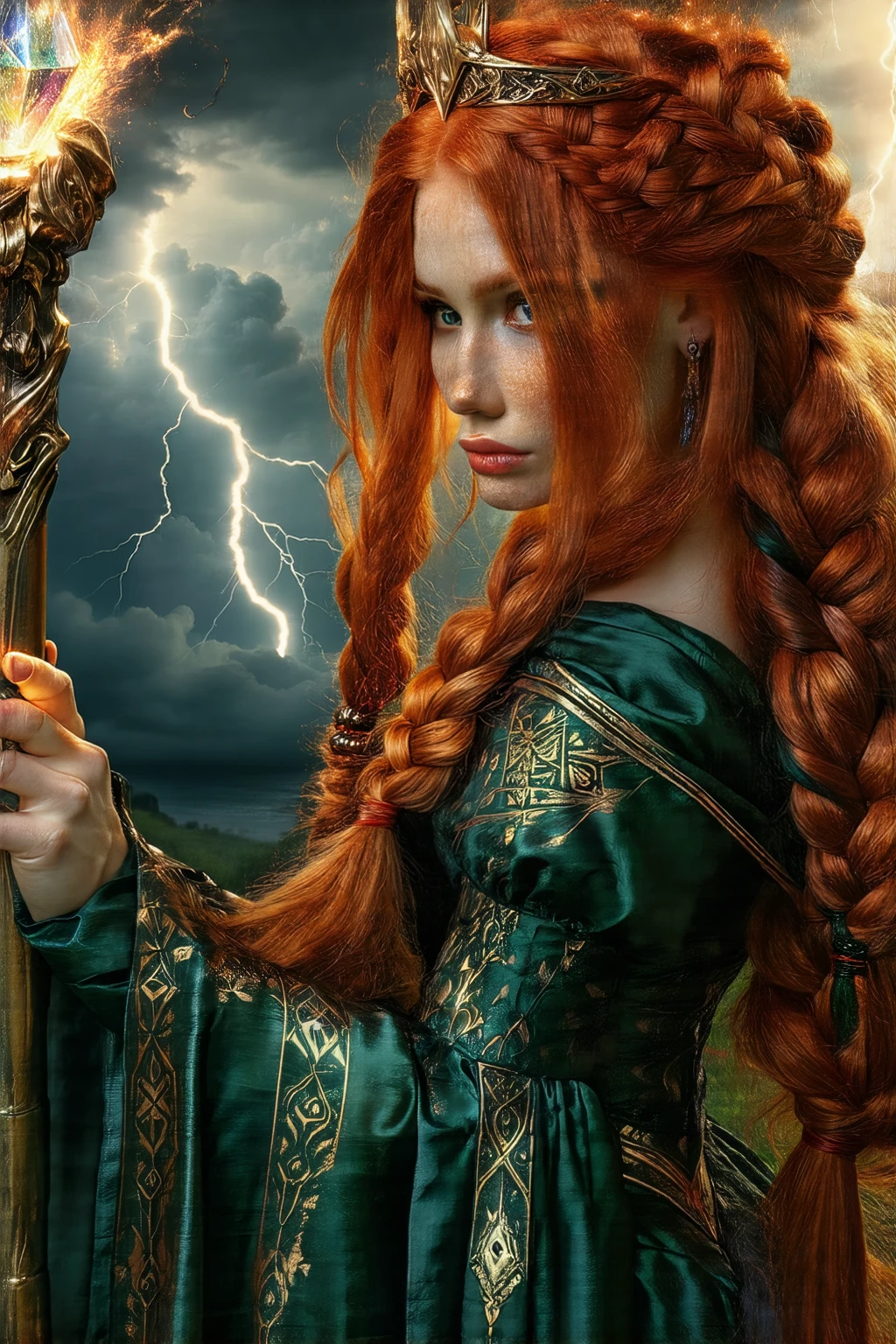 A captivating witch with fiery red hair, adorned with intricate braids and a golden crown, wearing a dark emerald dress with intricate patterns that shimmer with subtle light. She holds a staff topped with a luminous diamond that casts a powerful, white aura. The background shows a stormy sky with dramatic clouds, illuminated by bolts of lightning, depicted in a highly detailed and dramatic style.