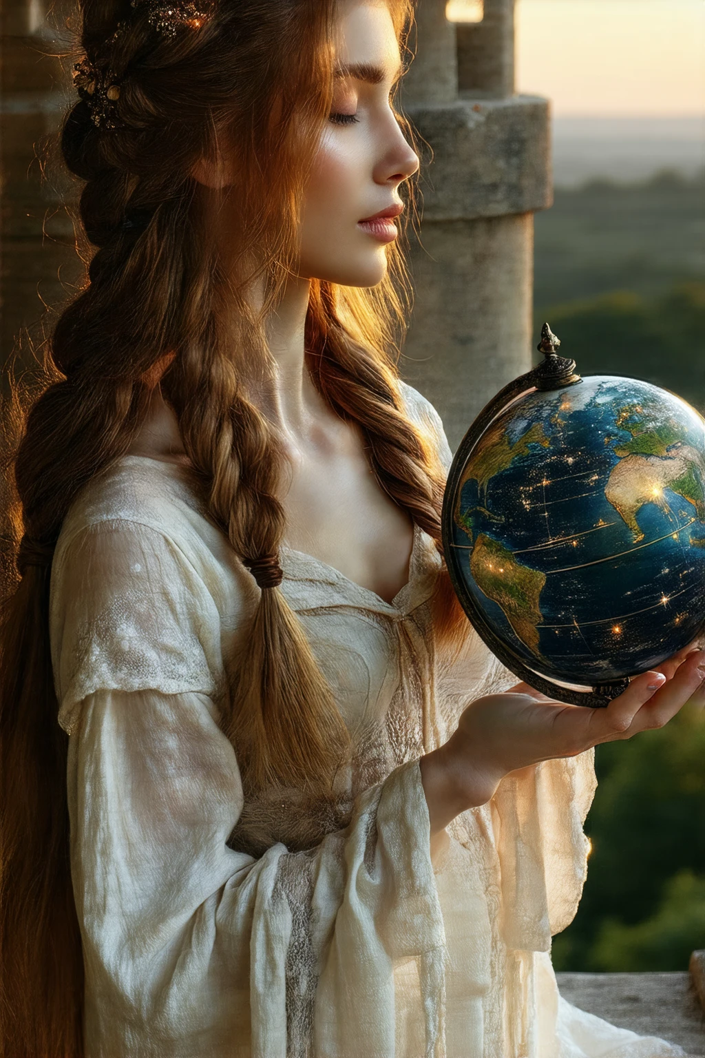 A graceful sorceress with long, braided auburn hair, wearing a flowing, white dress adorned with delicate lace and flowing silk fabric. She holds a celestial globe in her hands, its surface depicting constellations and galaxies. Her eyes are closed in a moment of deep meditation. The setting is a serene, high tower with panoramic view over a vast, magical landscape, rendered in a soft, ethereal style with glowing and pastel tones.