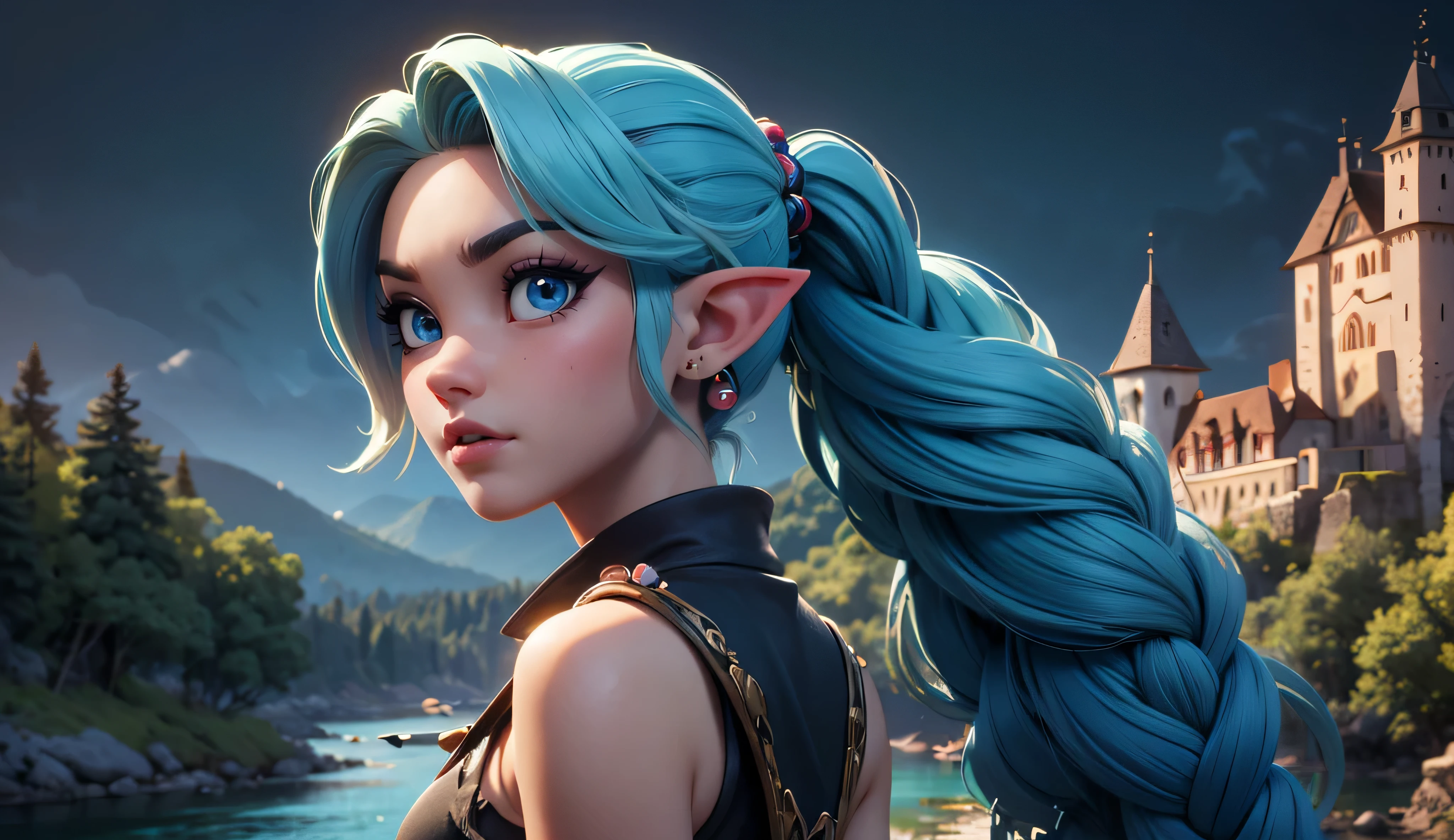 masterpiece, newest, absurdres, masterpiece, highly detailed, beautiful anime, lineart, realistic anime, semi realistic, extremely cute, ((very aesthetic, best quality, ultra detailed)), (perfect face, cute face, like face), fantasy background, extreme colors, Bavarian forest, mountainside, river, castle ruins, intricate details, colorful, ((dramatic lighting)), fantasy, young, girl, ((looking at viewer)), perfect face, ((torn clothes)), twinbraids, blonde, , elf girl, ponytail, sidelocks, pointy ears, sleeveless shirt, green thighhighs, black lips, mascara, Long eyelashes, dark elf, very long hair, multicolored hair, parody, braid, outdoors, messy hair, gradient hair, sleeveless, blue hair, twintails, hair ornament, looking back, bikini top only, tribal, loincloth, torn clothes, beads, hair beads, blue eyes, long hair, blonde hair